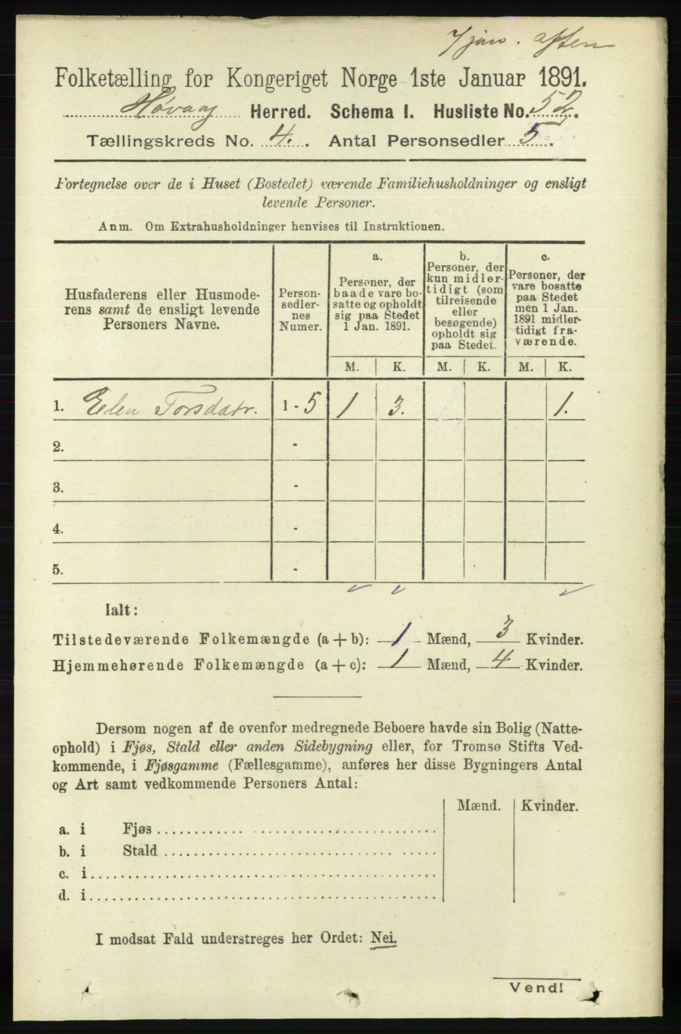 RA, 1891 census for 0927 Høvåg, 1891, p. 1506