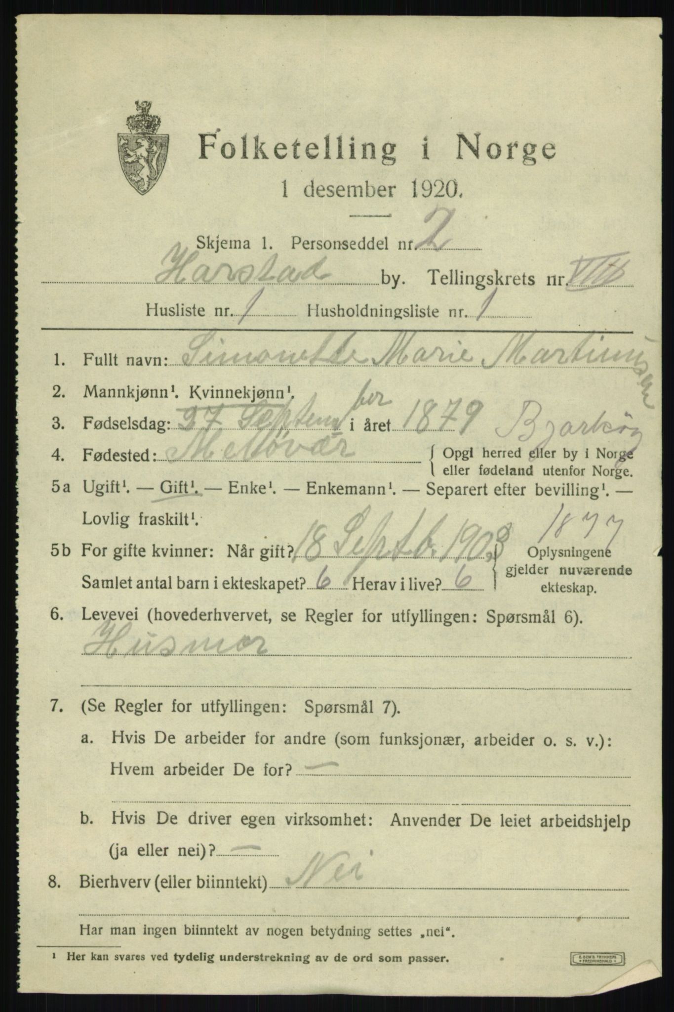 SATØ, 1920 census for Harstad, 1920, p. 8976