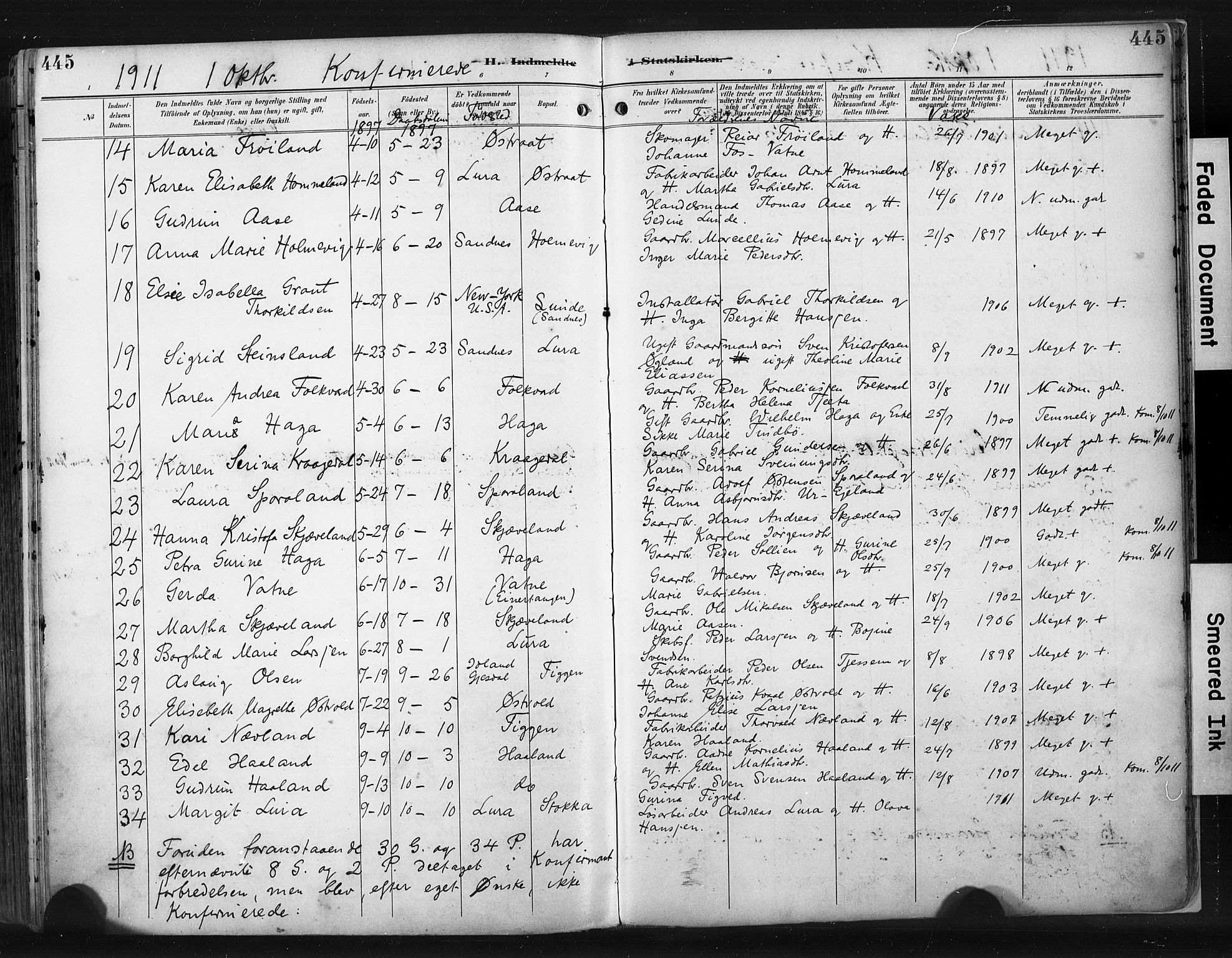 Høyland sokneprestkontor, AV/SAST-A-101799/001/30BA/L0015: Parish register (official) no. A 14, 1899-1911, p. 445