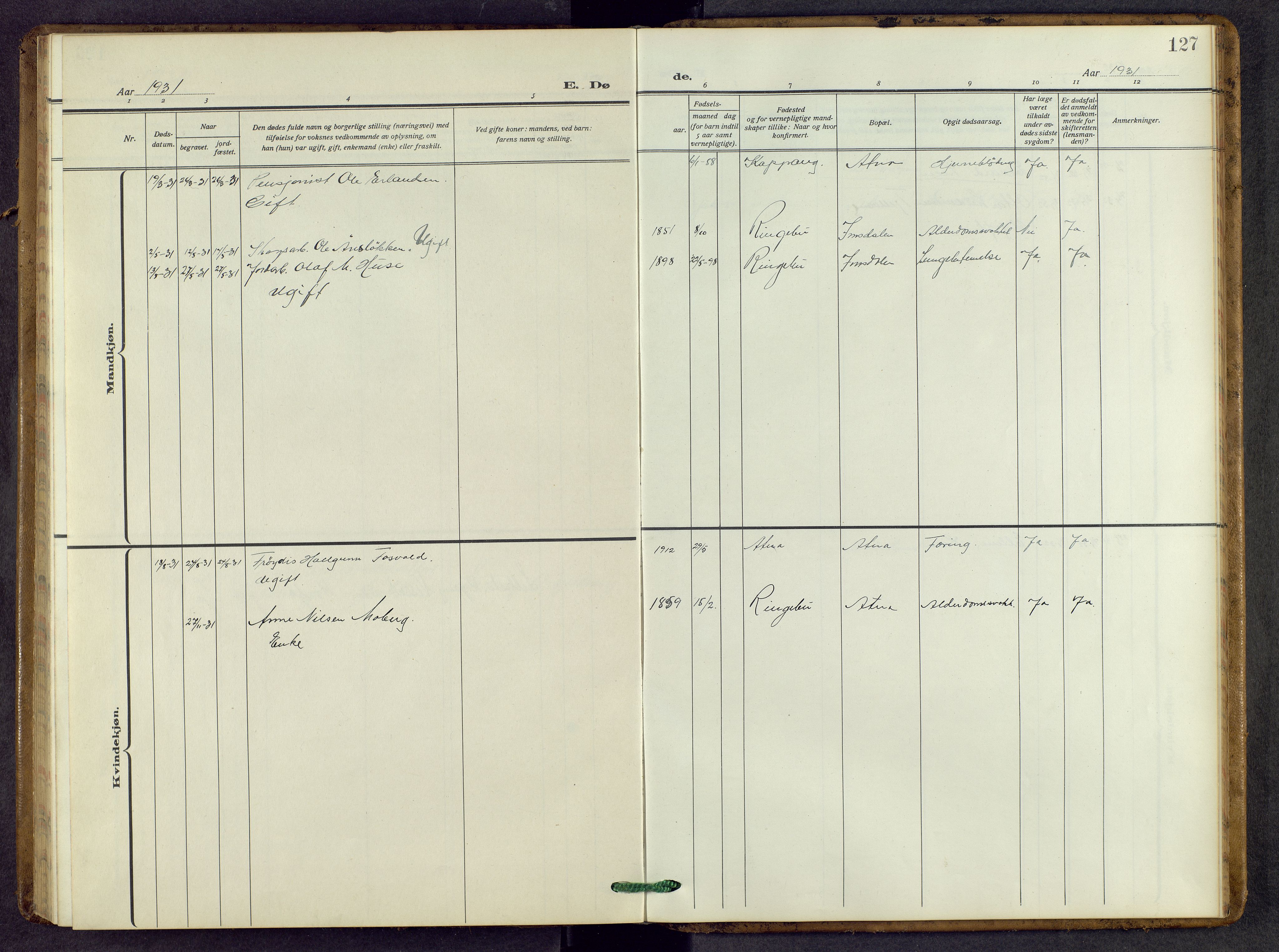 Stor-Elvdal prestekontor, SAH/PREST-052/H/Ha/Hab/L0007: Parish register (copy) no. 7, 1921-1959, p. 127