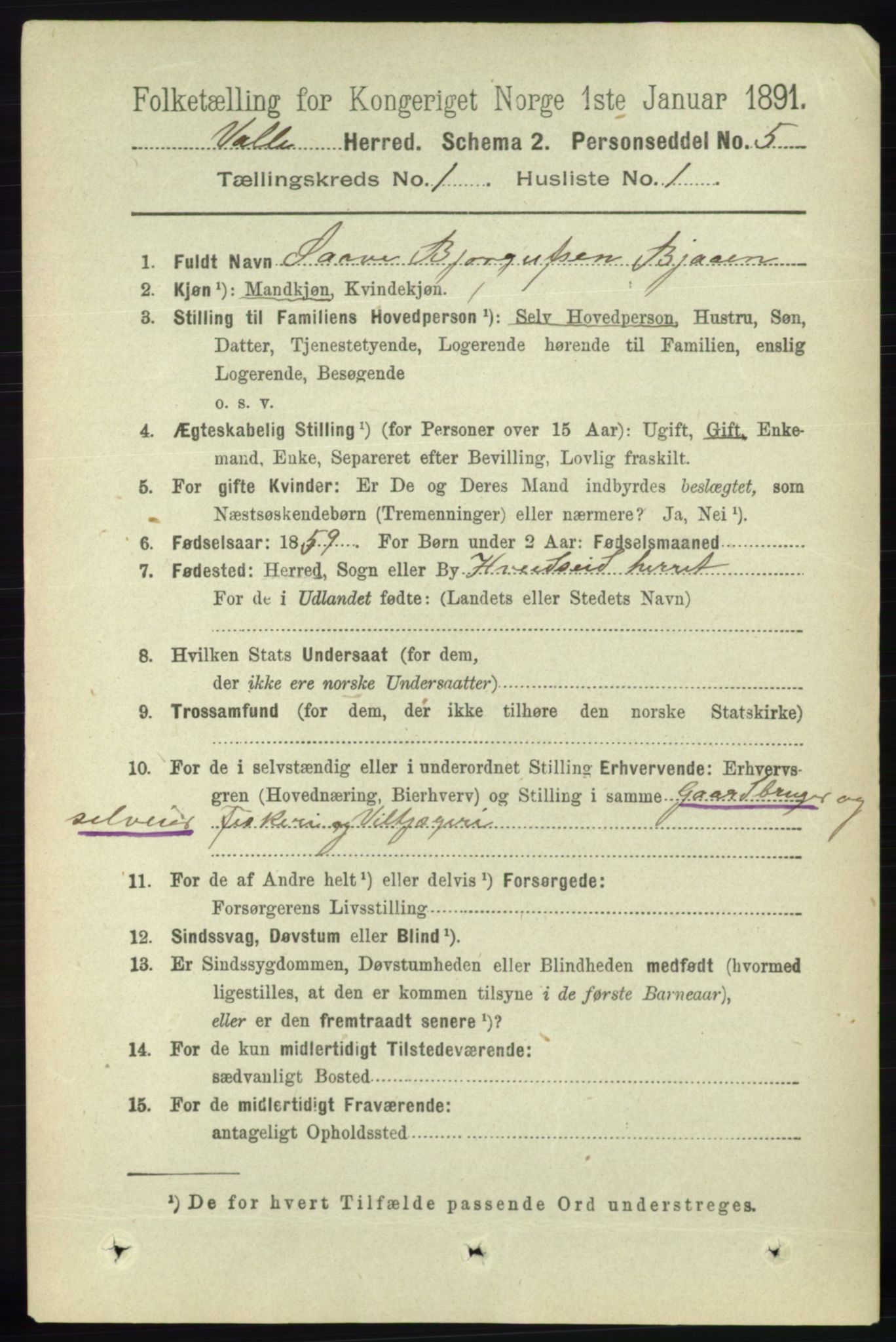 RA, 1891 census for 0940 Valle, 1891, p. 69