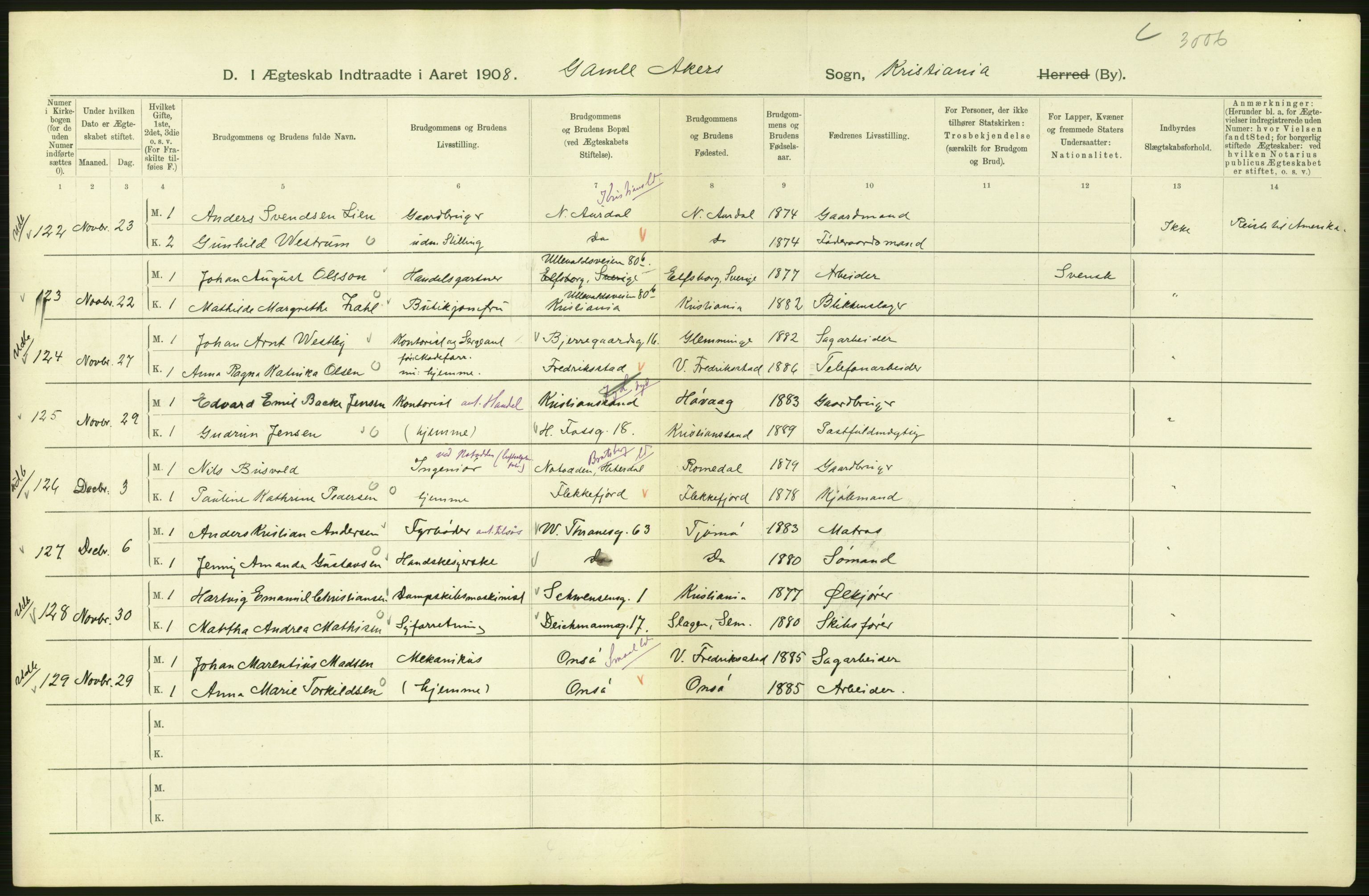 Statistisk sentralbyrå, Sosiodemografiske emner, Befolkning, AV/RA-S-2228/D/Df/Dfa/Dfaf/L0007: Kristiania: Gifte, 1908, p. 324