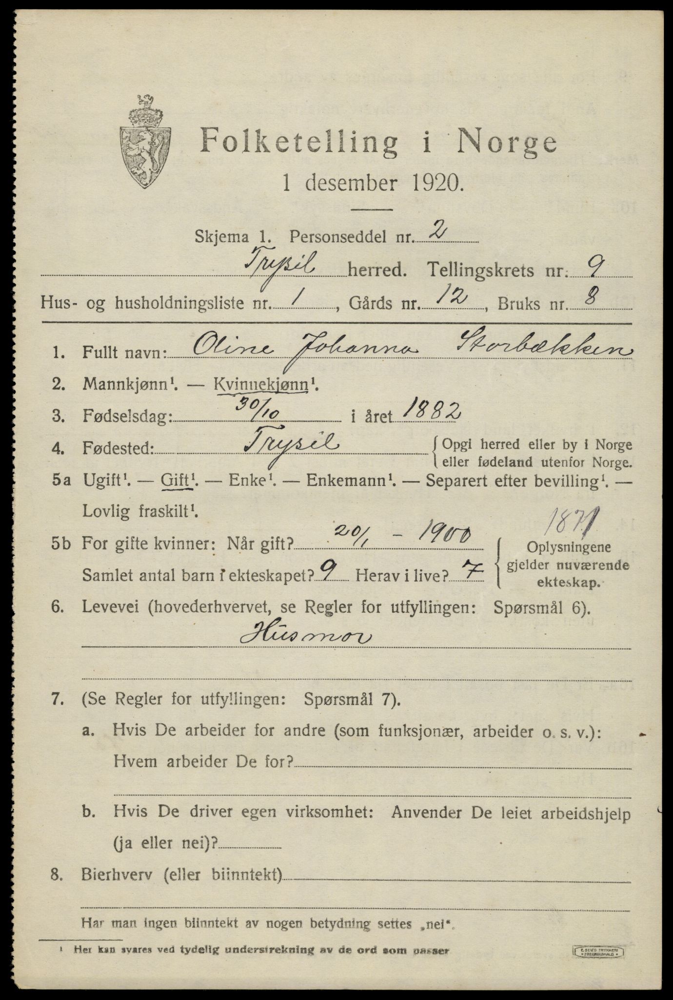 SAH, 1920 census for Trysil, 1920, p. 6557