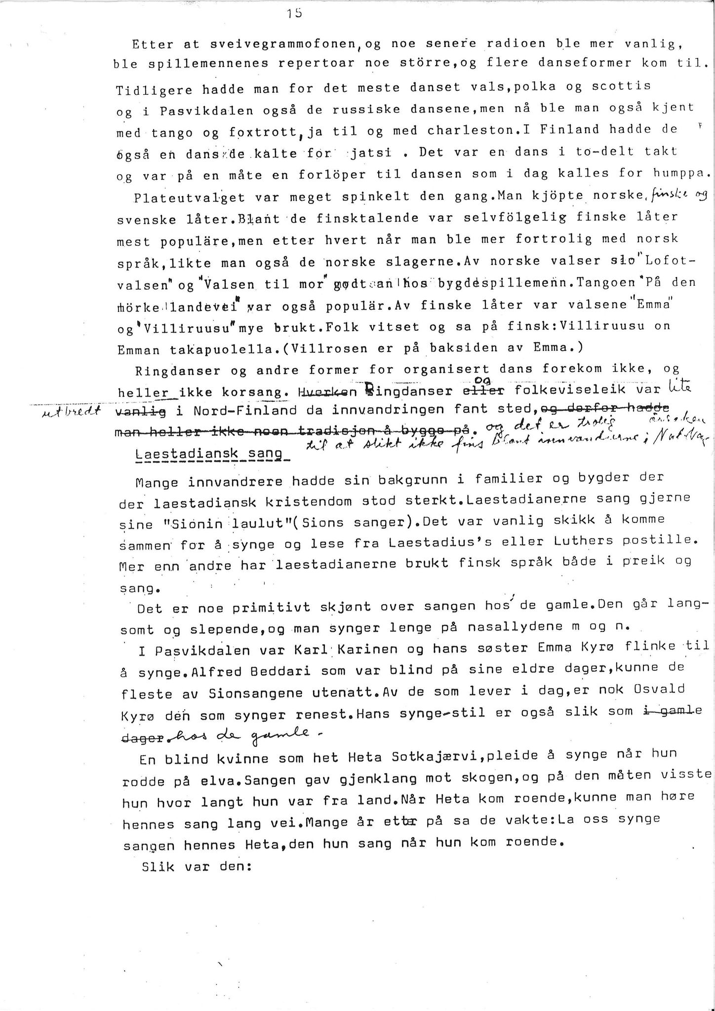 Vadsø museum - Ruija kvenmuseum, VAMU/A-0531/G/L0001/0001: Innsamling / Innsamling av kvenmusikk, 1987-1988, p. 15