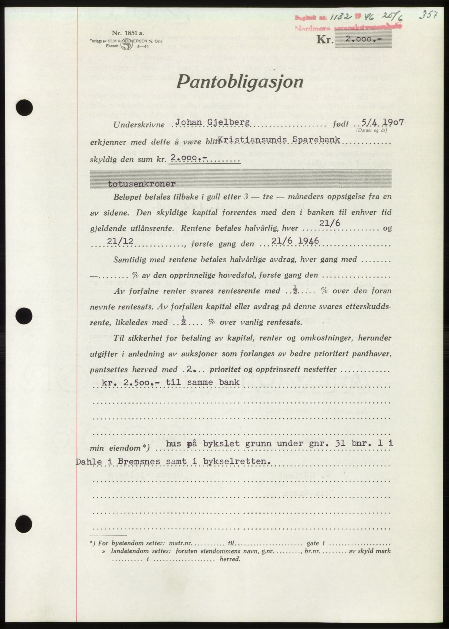 Nordmøre sorenskriveri, AV/SAT-A-4132/1/2/2Ca: Mortgage book no. B94, 1946-1946, Diary no: : 1132/1946