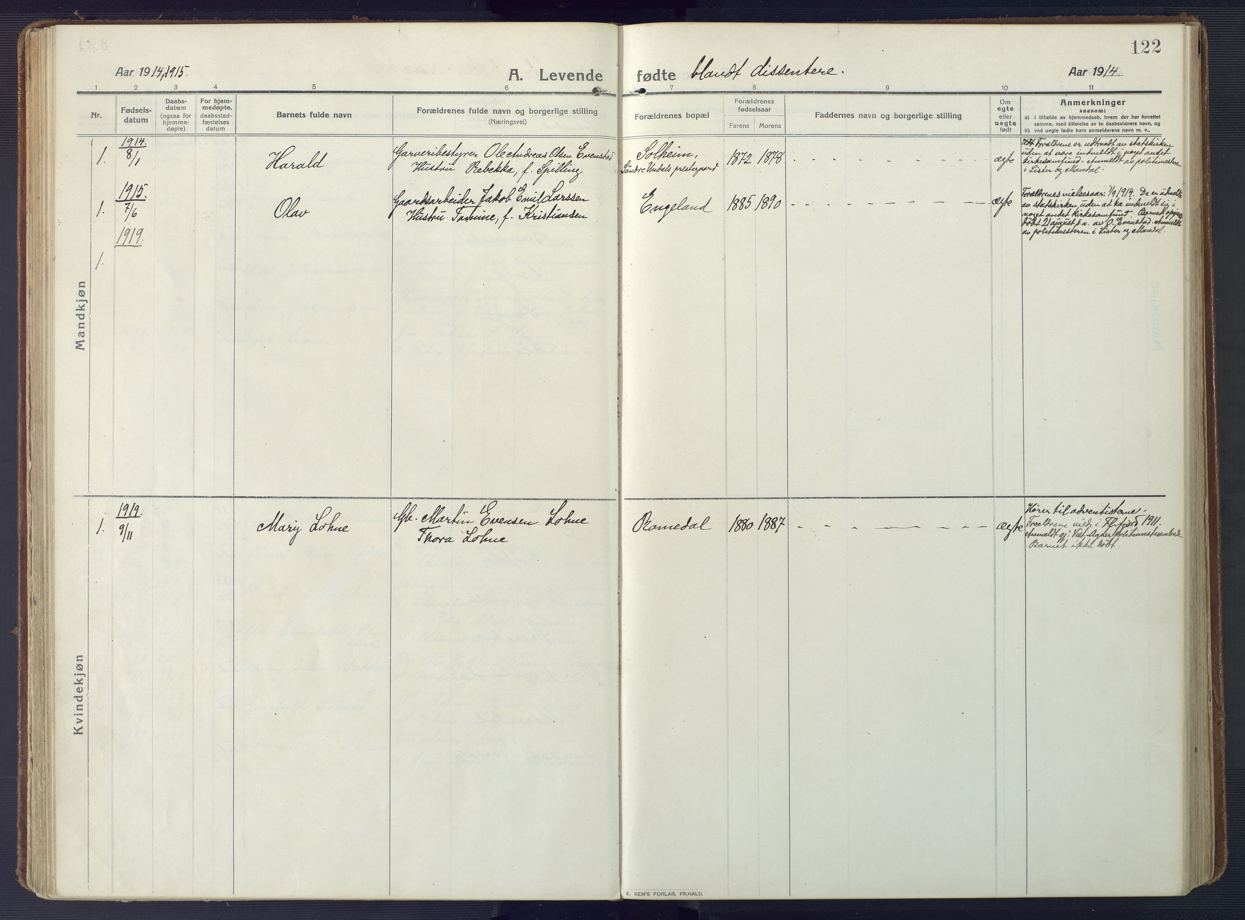 Sør-Audnedal sokneprestkontor, AV/SAK-1111-0039/F/Fa/Fab/L0011: Parish register (official) no. A 11, 1912-1938, p. 122