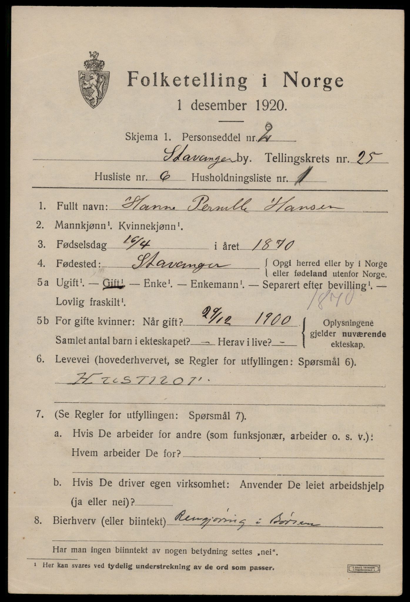 SAST, 1920 census for Stavanger, 1920, p. 77042