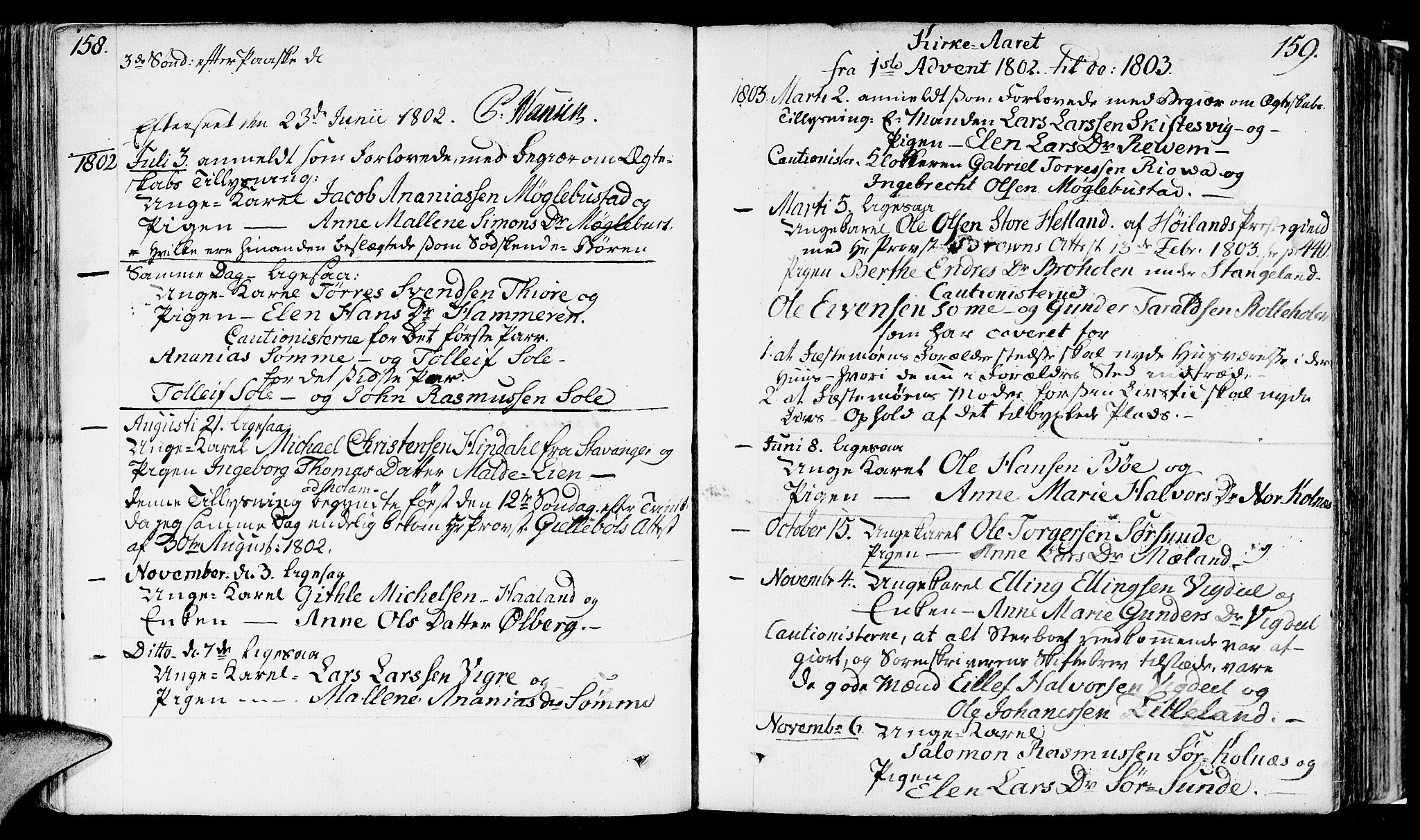 Håland sokneprestkontor, SAST/A-101802/001/30BA/L0003: Parish register (official) no. A 3, 1794-1815, p. 158-159