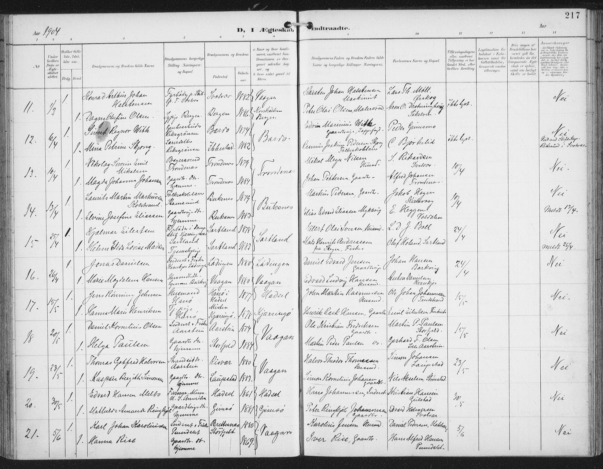 Ministerialprotokoller, klokkerbøker og fødselsregistre - Nordland, SAT/A-1459/874/L1062: Parish register (official) no. 874A06, 1899-1907, p. 217