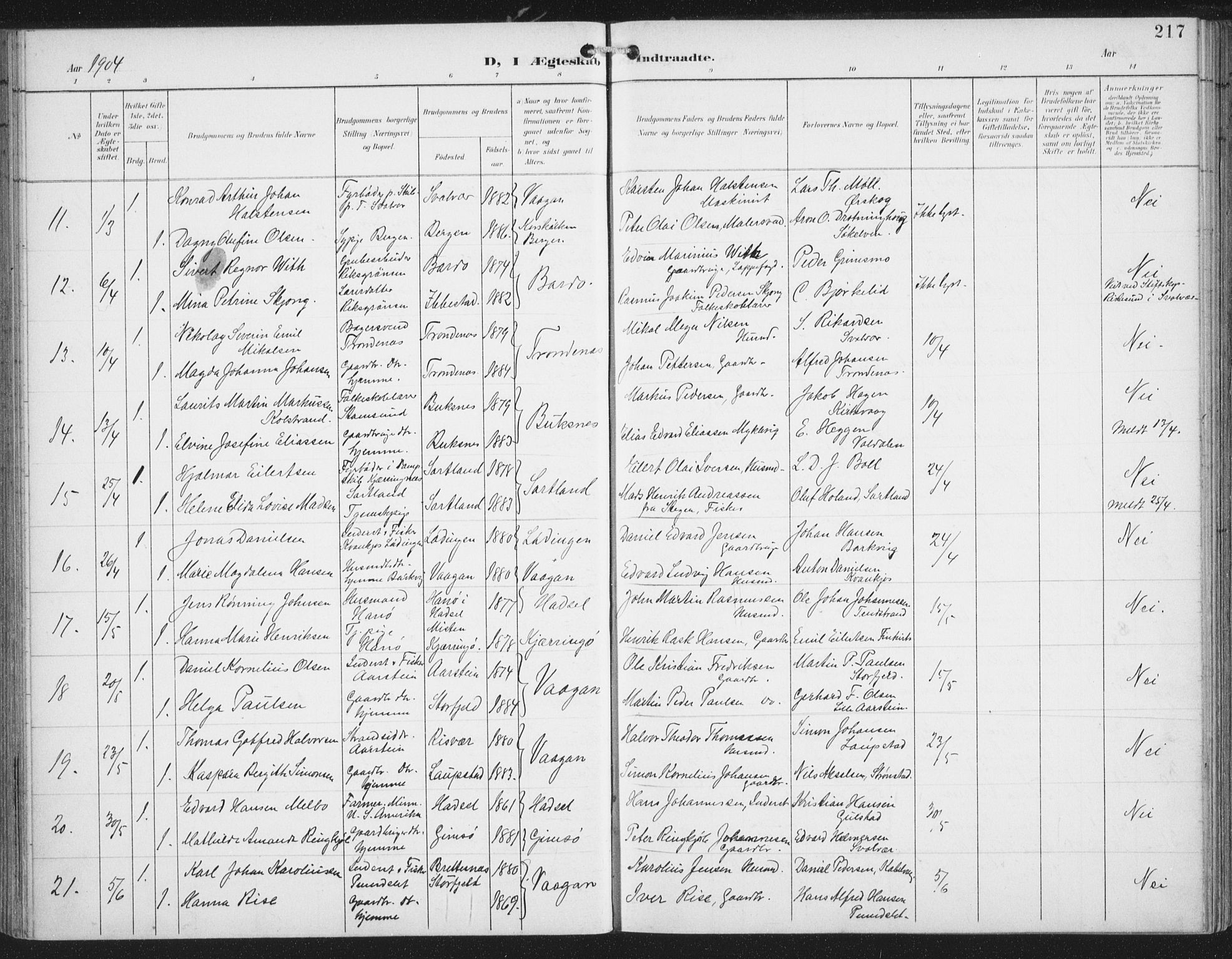 Ministerialprotokoller, klokkerbøker og fødselsregistre - Nordland, AV/SAT-A-1459/874/L1062: Parish register (official) no. 874A06, 1899-1907, p. 217