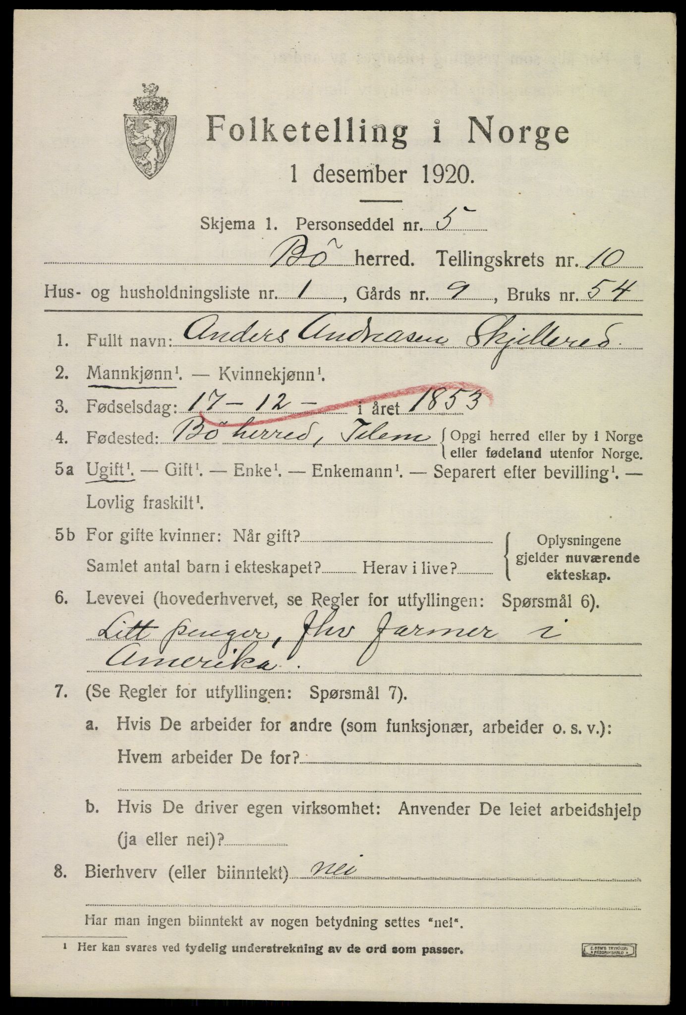 SAKO, 1920 census for Bø (Telemark), 1920, p. 6572