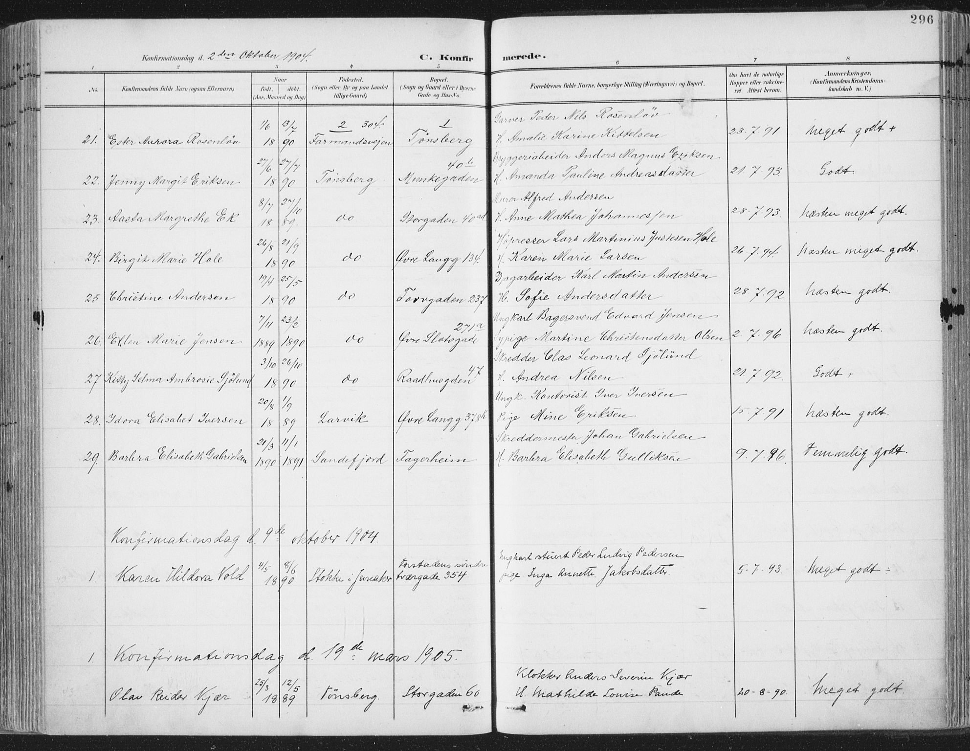 Tønsberg kirkebøker, SAKO/A-330/F/Fa/L0014: Parish register (official) no. I 14, 1900-1913, p. 296