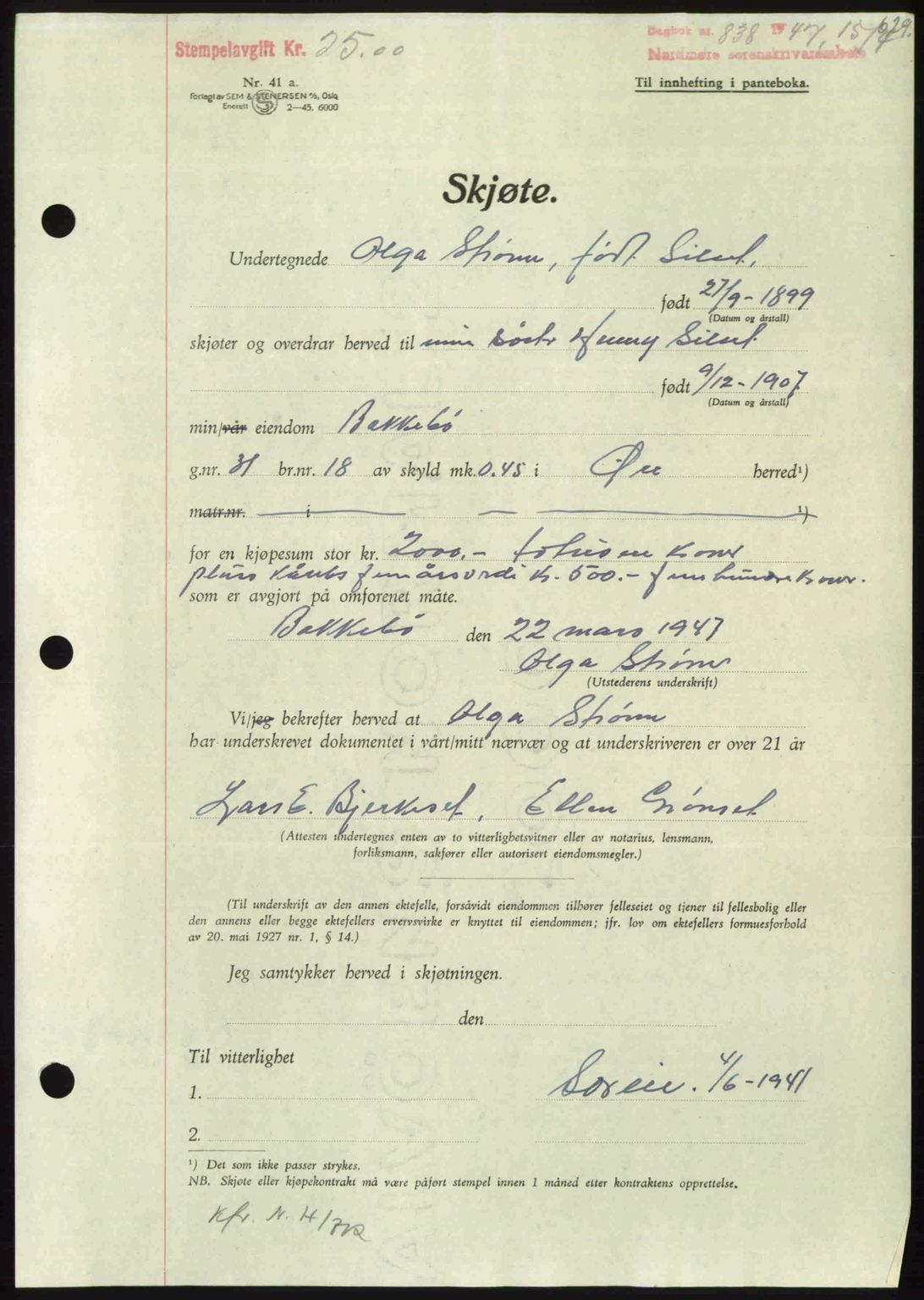 Nordmøre sorenskriveri, AV/SAT-A-4132/1/2/2Ca: Mortgage book no. A104, 1947-1947, Diary no: : 838/1947