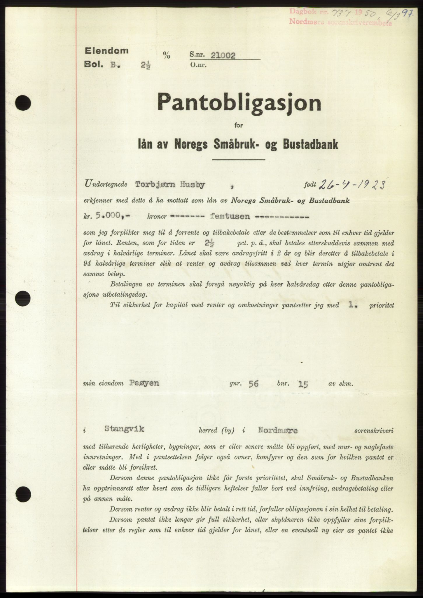 Nordmøre sorenskriveri, AV/SAT-A-4132/1/2/2Ca: Mortgage book no. B104, 1950-1950, Diary no: : 737/1950