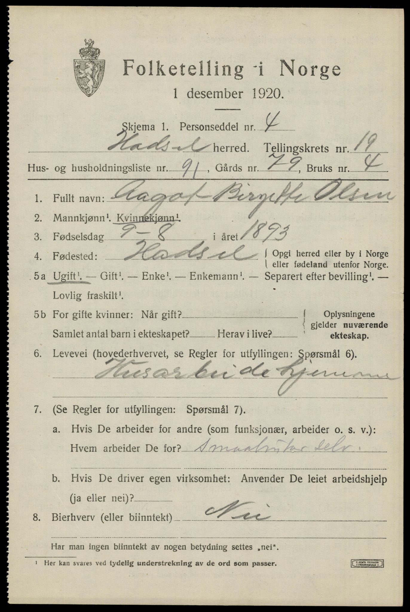 SAT, 1920 census for Hadsel, 1920, p. 18192