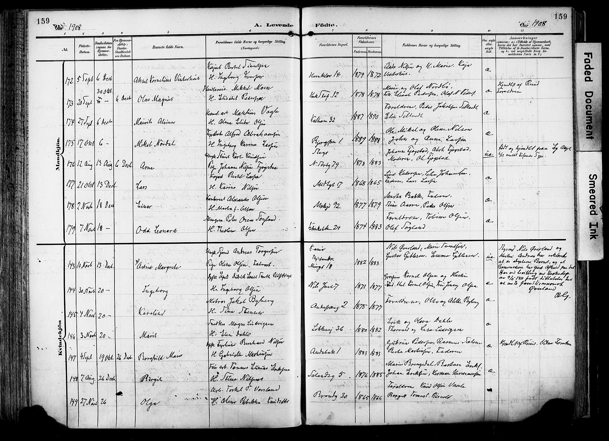 Domkirken sokneprestkontor, SAST/A-101812/001/30/30BA/L0033: Parish register (official) no. A 32, 1903-1915, p. 159
