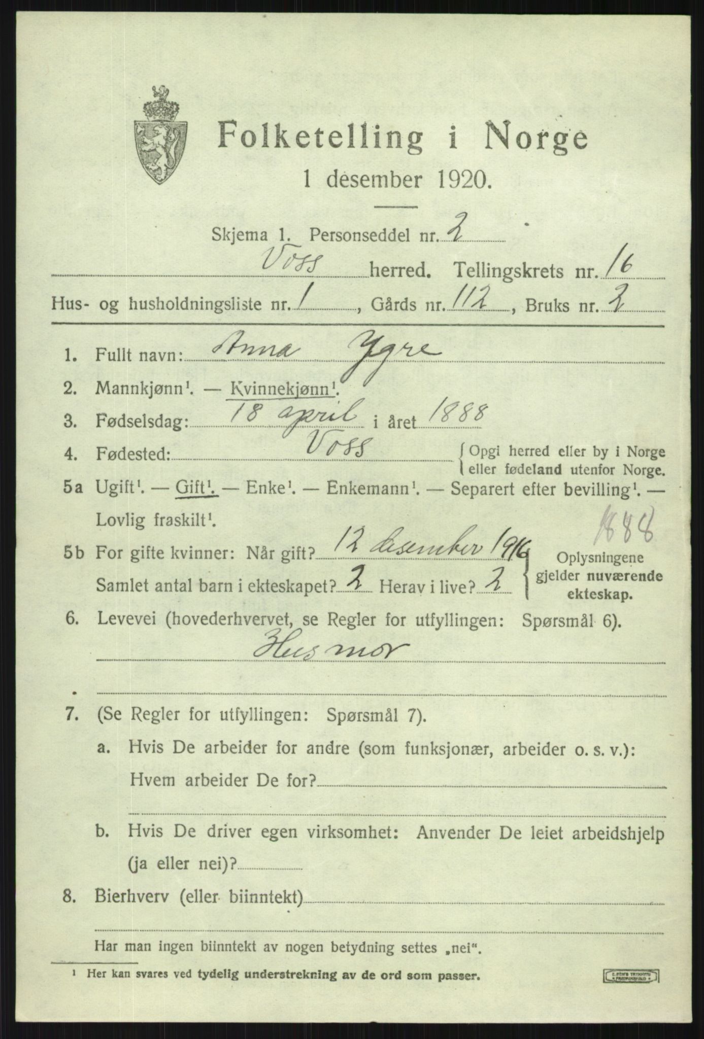 SAB, 1920 census for Voss, 1920, p. 13069