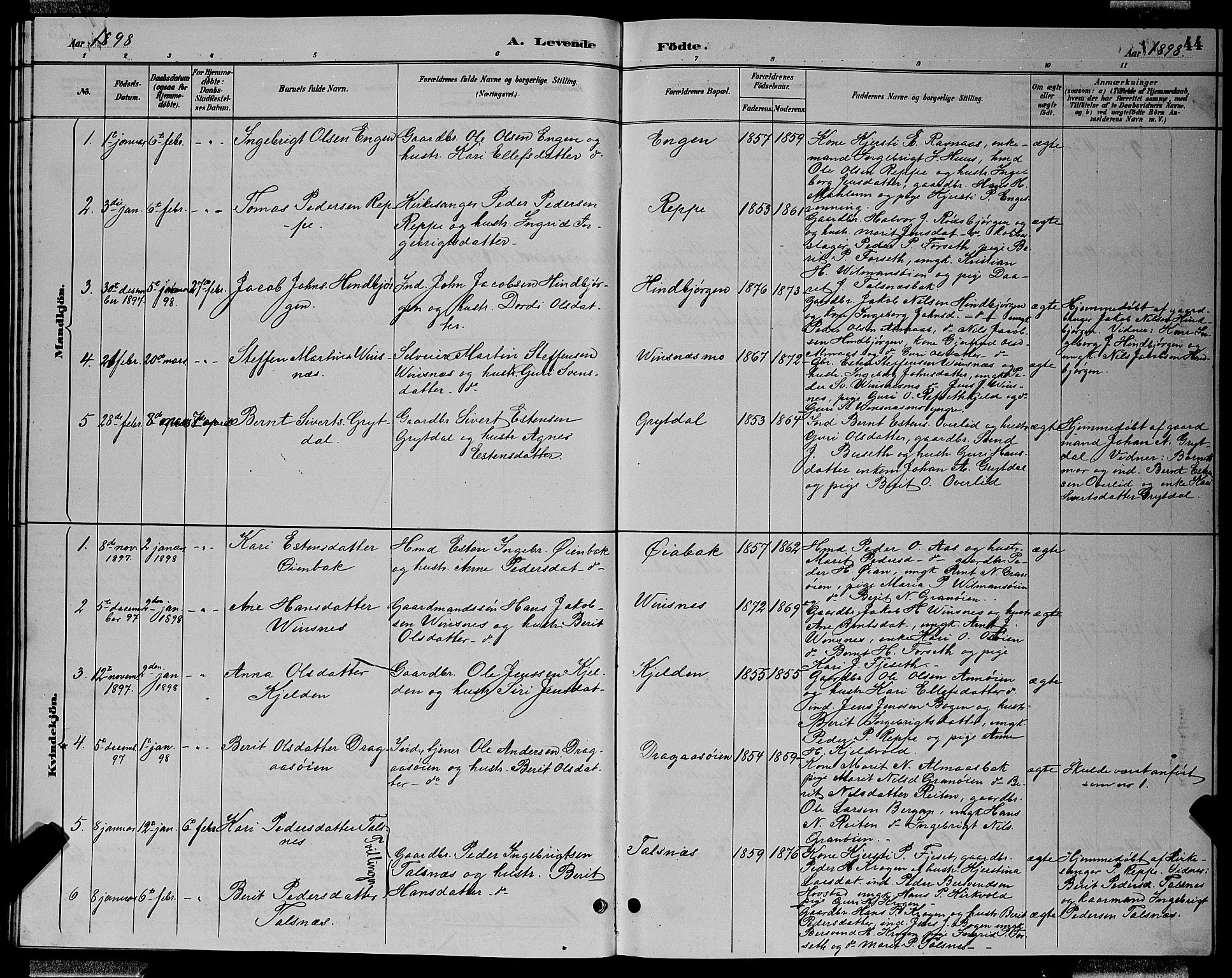 Ministerialprotokoller, klokkerbøker og fødselsregistre - Sør-Trøndelag, SAT/A-1456/688/L1028: Parish register (copy) no. 688C03, 1889-1899, p. 44