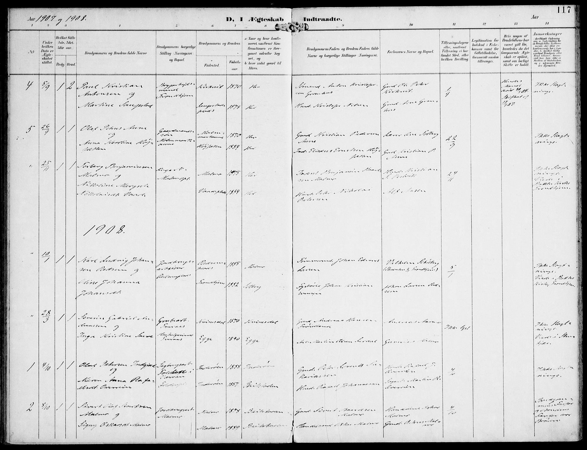 Ministerialprotokoller, klokkerbøker og fødselsregistre - Nord-Trøndelag, SAT/A-1458/745/L0430: Parish register (official) no. 745A02, 1895-1913, p. 117