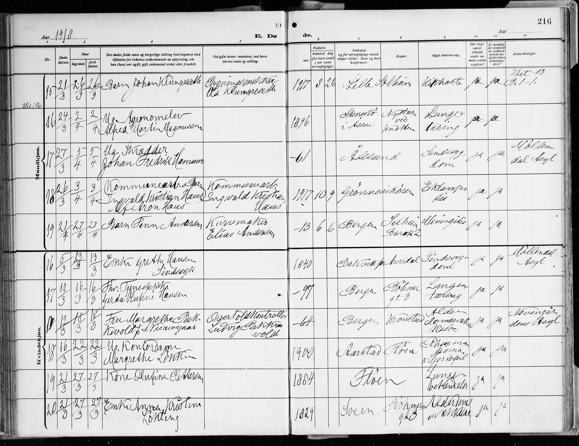 Årstad Sokneprestembete, AV/SAB-A-79301/H/Haa/L0003: Parish register (official) no. A 3, 1914-1919, p. 216