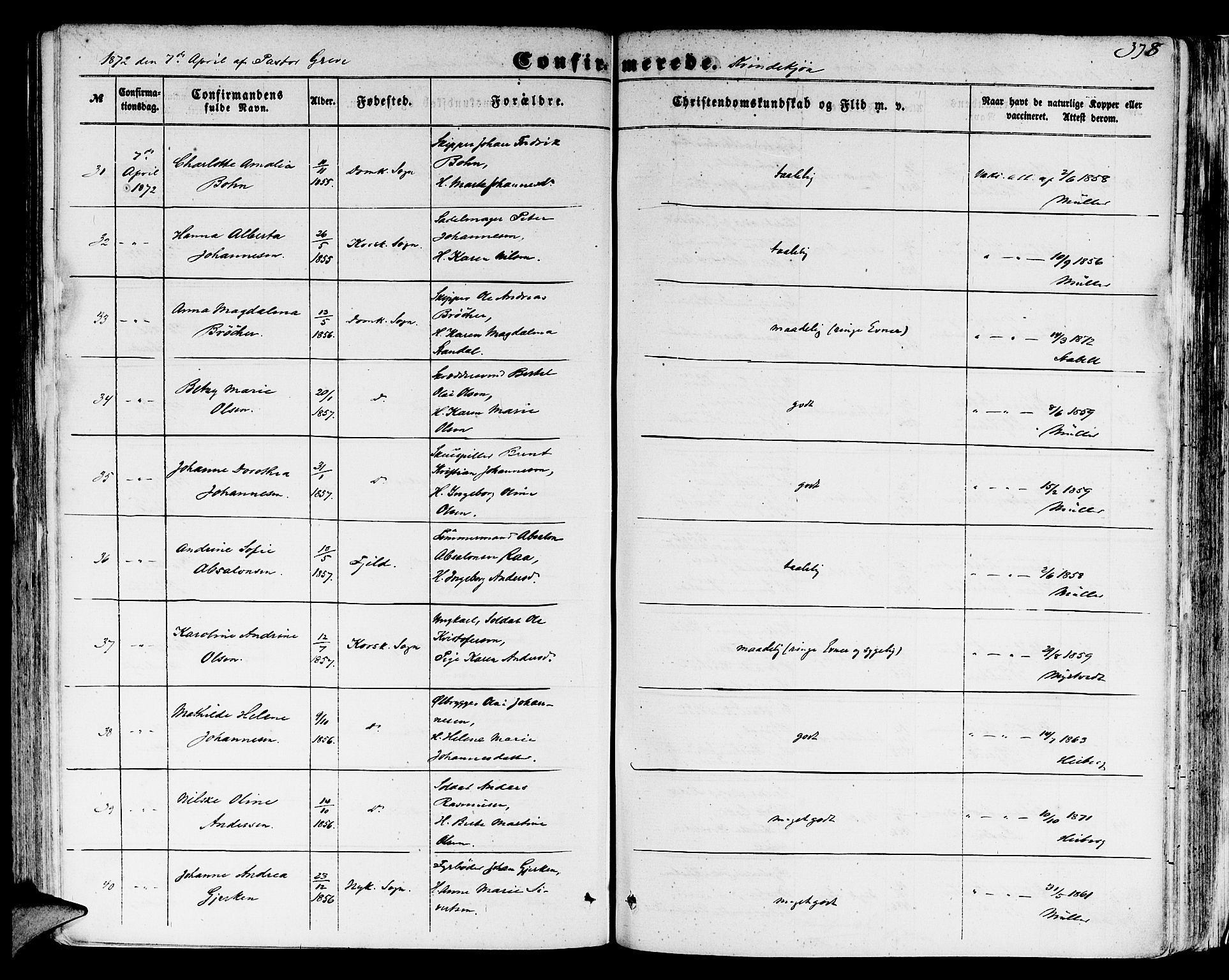 Domkirken sokneprestembete, SAB/A-74801/H/Hab/L0023: Parish register (copy) no. C 3, 1854-1880, p. 378