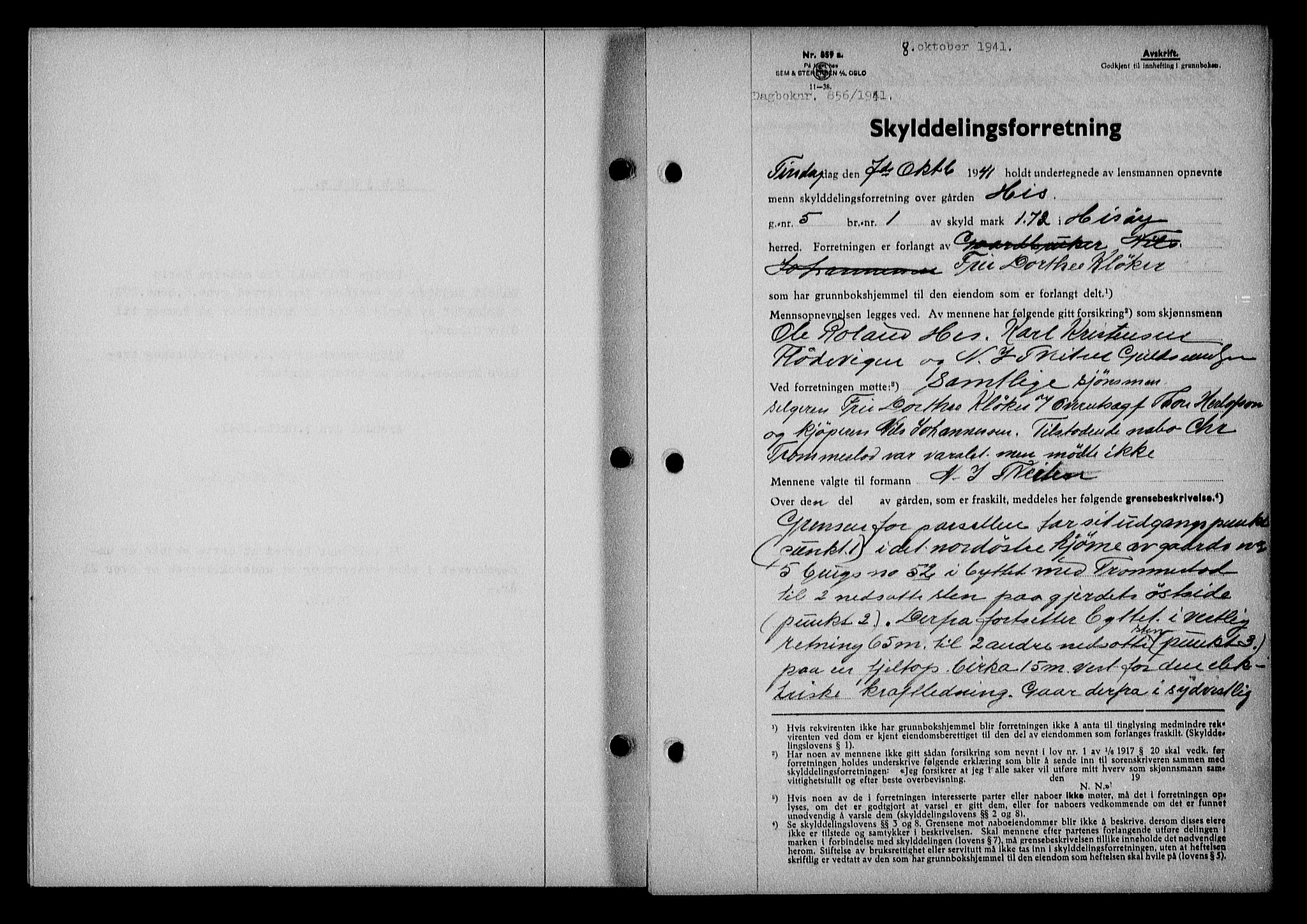 Nedenes sorenskriveri, AV/SAK-1221-0006/G/Gb/Gba/L0048: Mortgage book no. A-II, 1940-1941, Diary no: : 856/1941