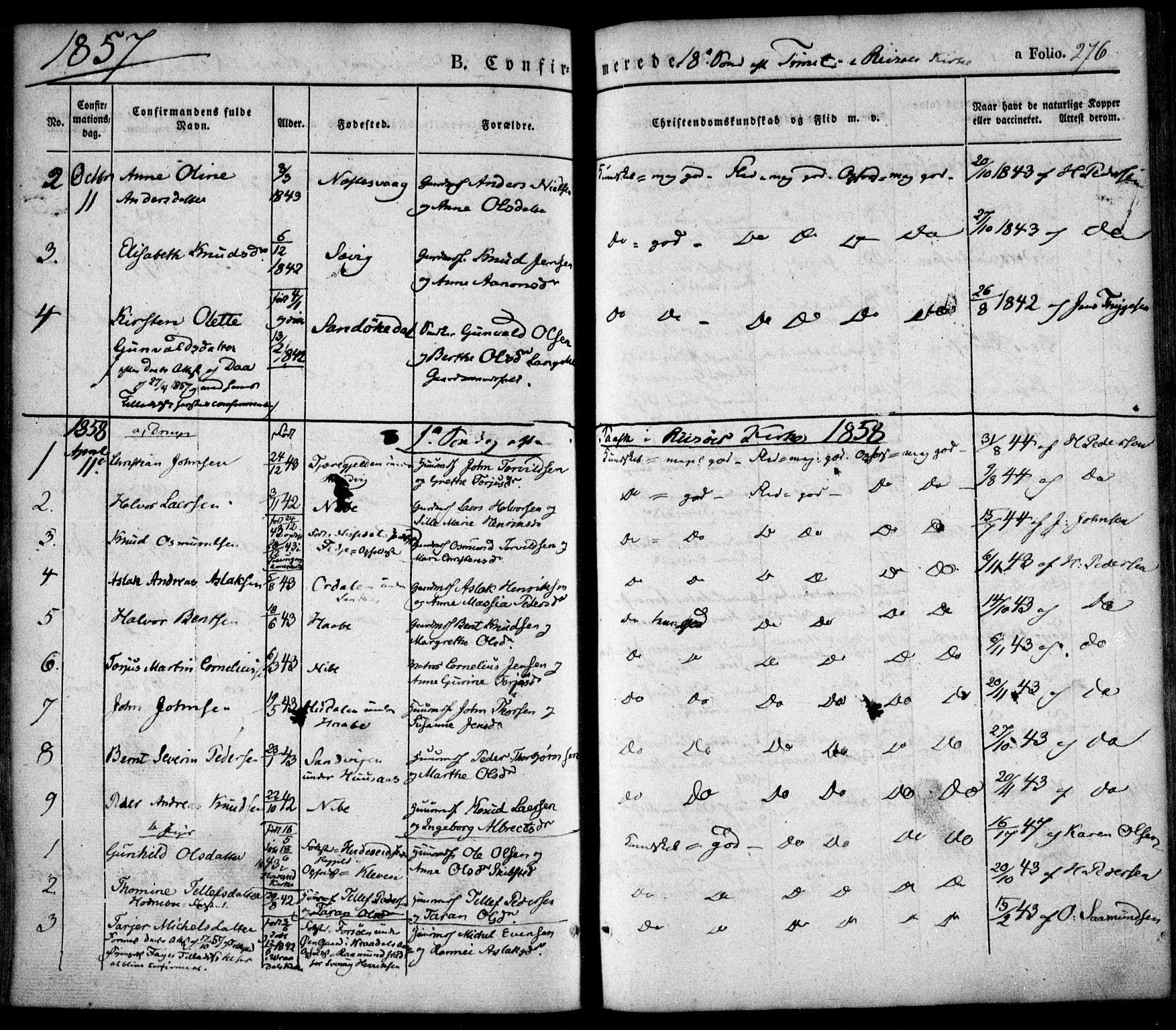 Søndeled sokneprestkontor, SAK/1111-0038/F/Fa/L0002: Parish register (official) no. A 2, 1839-1860, p. 276