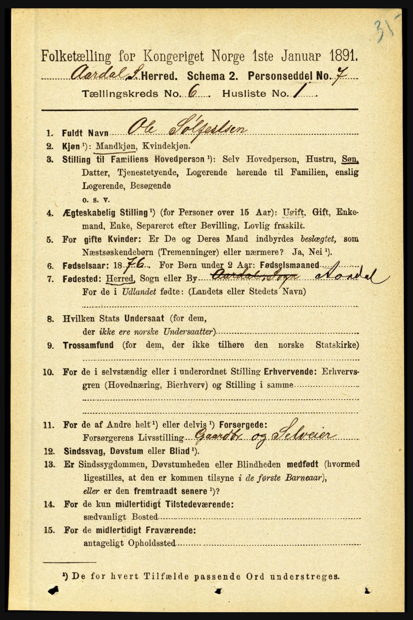 RA, 1891 census for 1424 Årdal, 1891, p. 1111