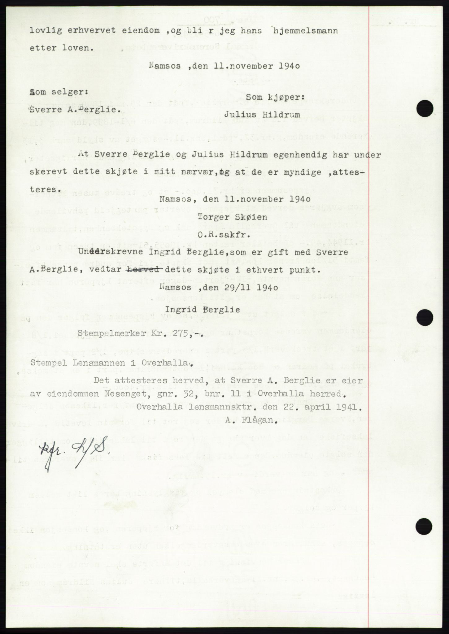Namdal sorenskriveri, SAT/A-4133/1/2/2C: Mortgage book no. -, 1940-1941, Deed date: 16.05.1941