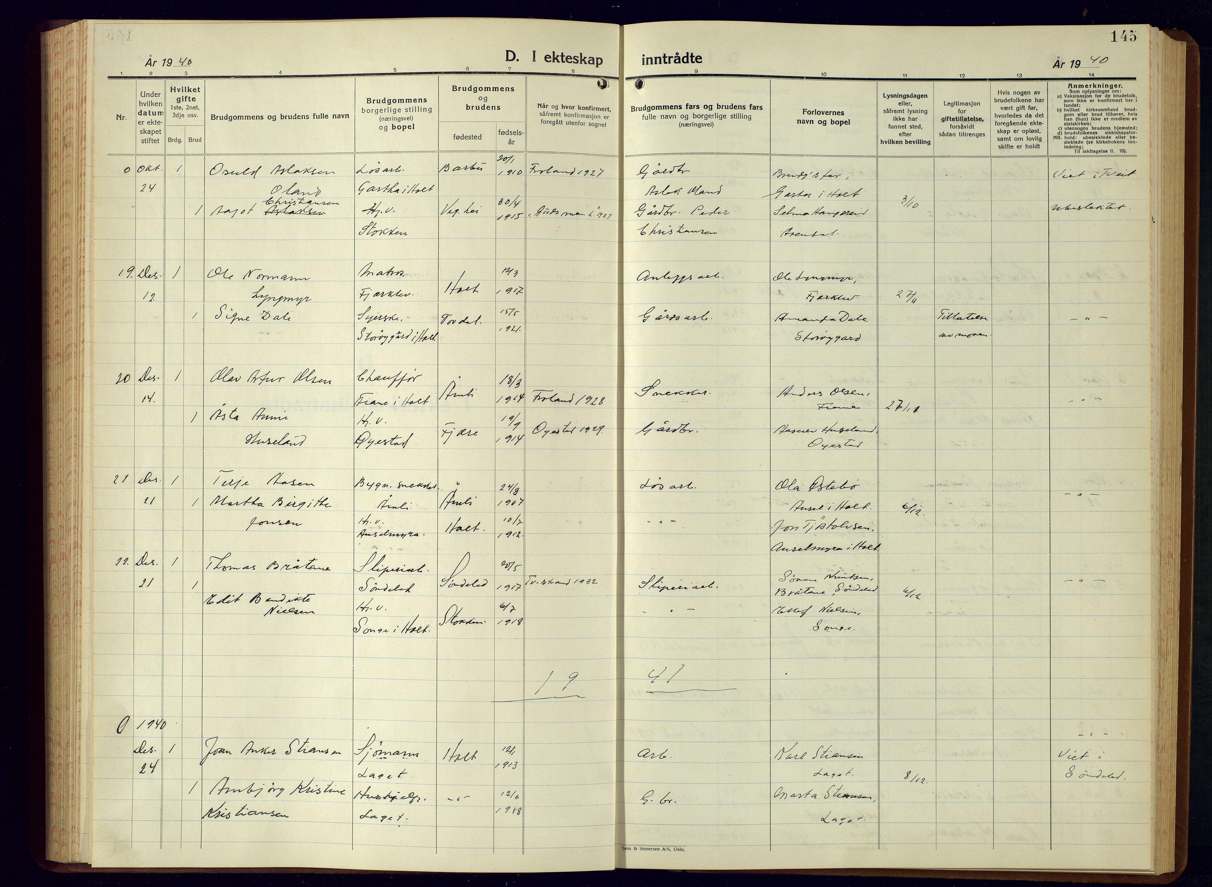 Holt sokneprestkontor, SAK/1111-0021/F/Fb/L0013: Parish register (copy) no. B-13, 1940-1958, p. 145