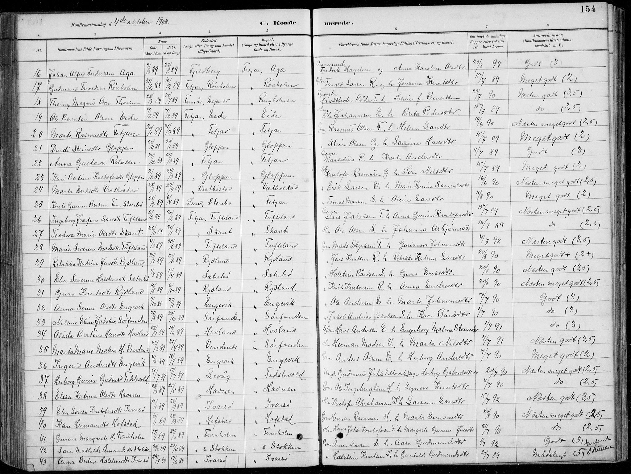 Fitjar sokneprestembete, AV/SAB-A-99926: Parish register (copy) no. A 2, 1887-1906, p. 154