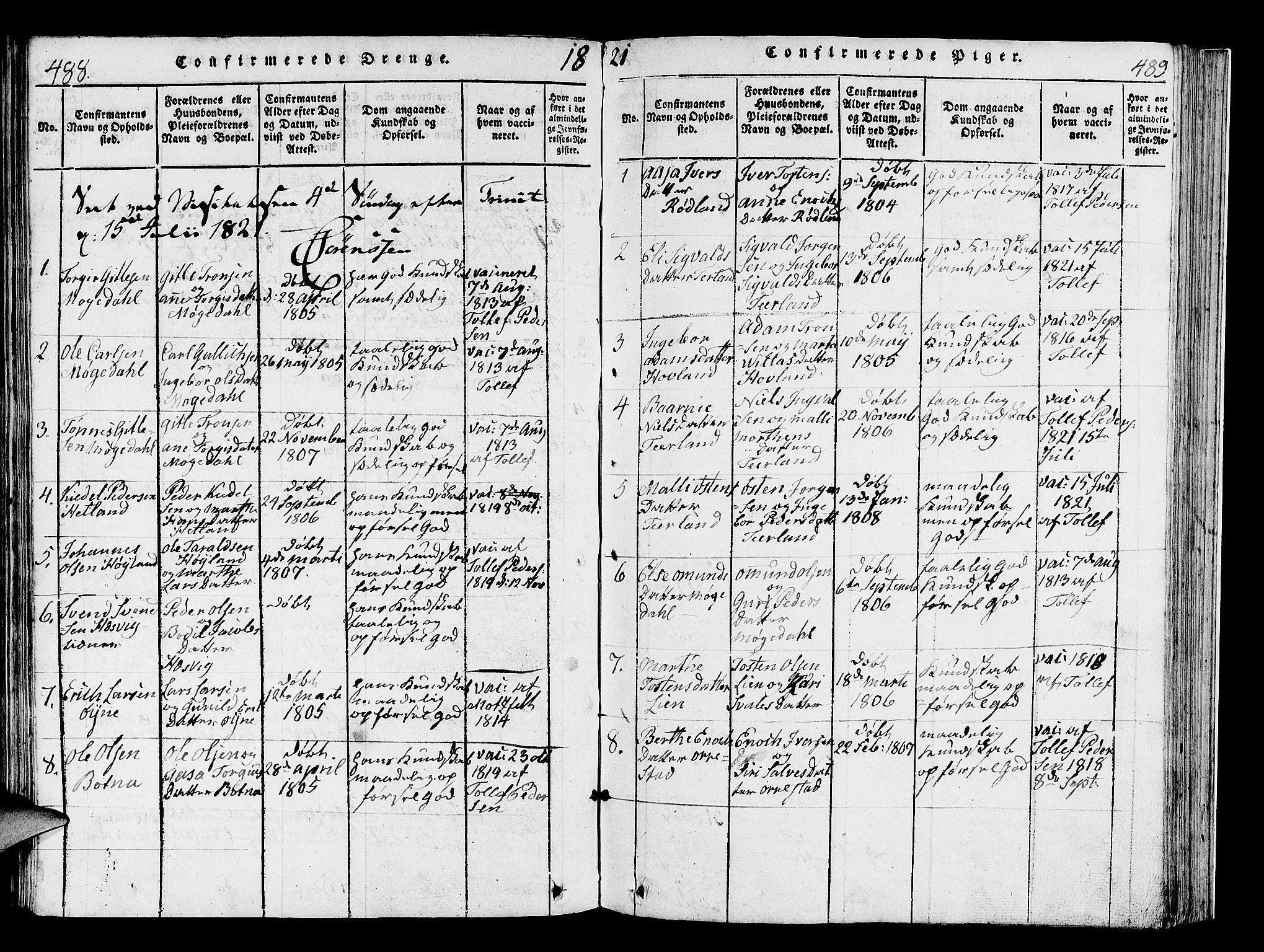 Helleland sokneprestkontor, AV/SAST-A-101810: Parish register (official) no. A 4, 1815-1834, p. 488-489