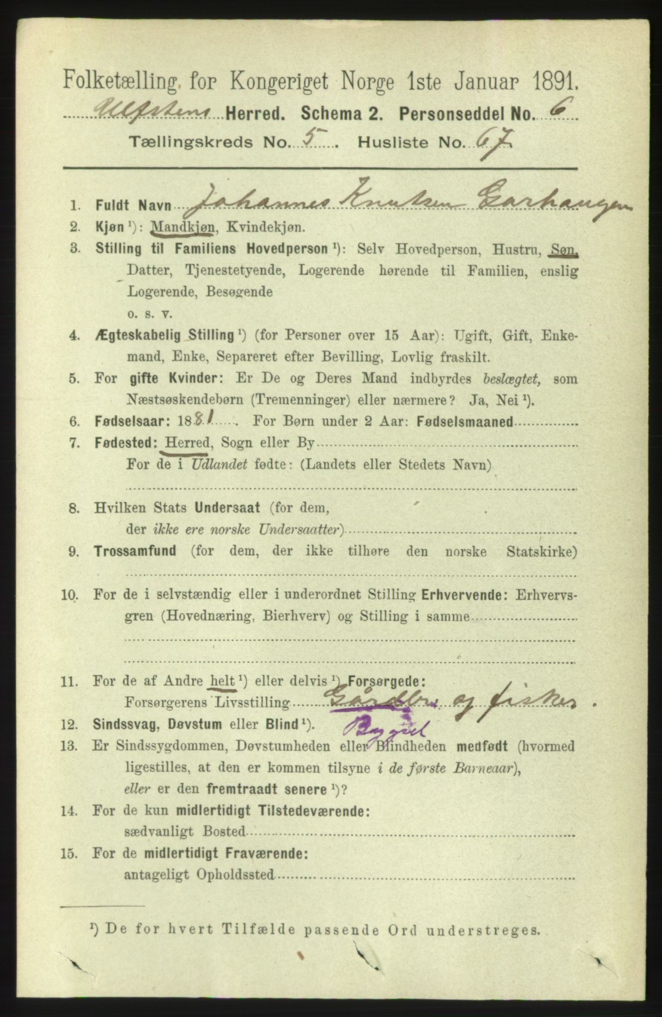 RA, 1891 census for 1516 Ulstein, 1891, p. 1663