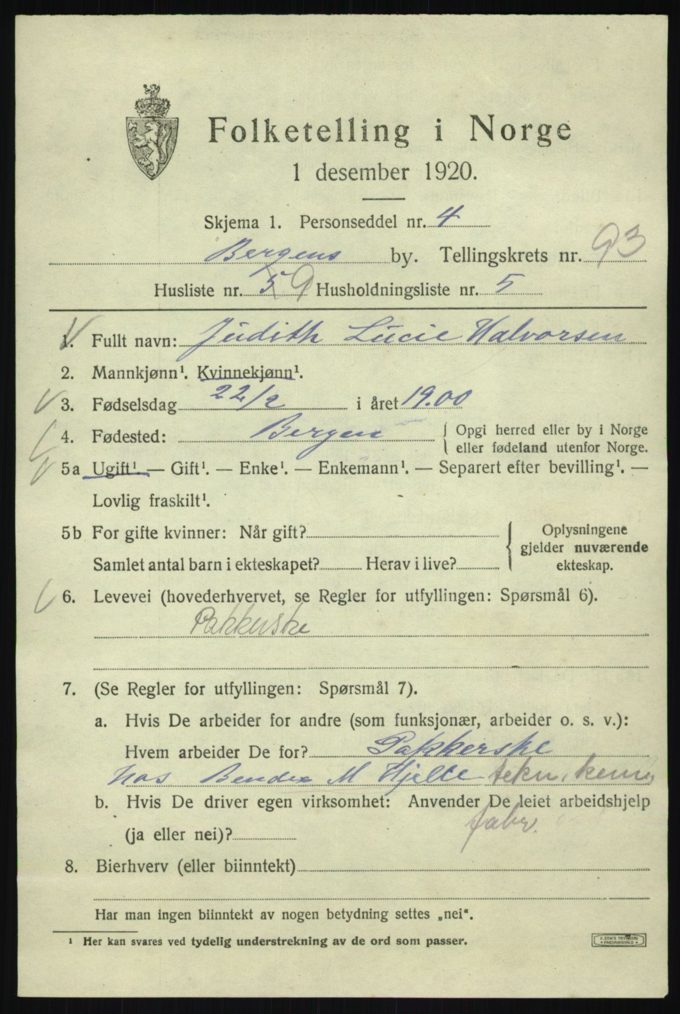 SAB, 1920 census for Bergen, 1920, p. 166794