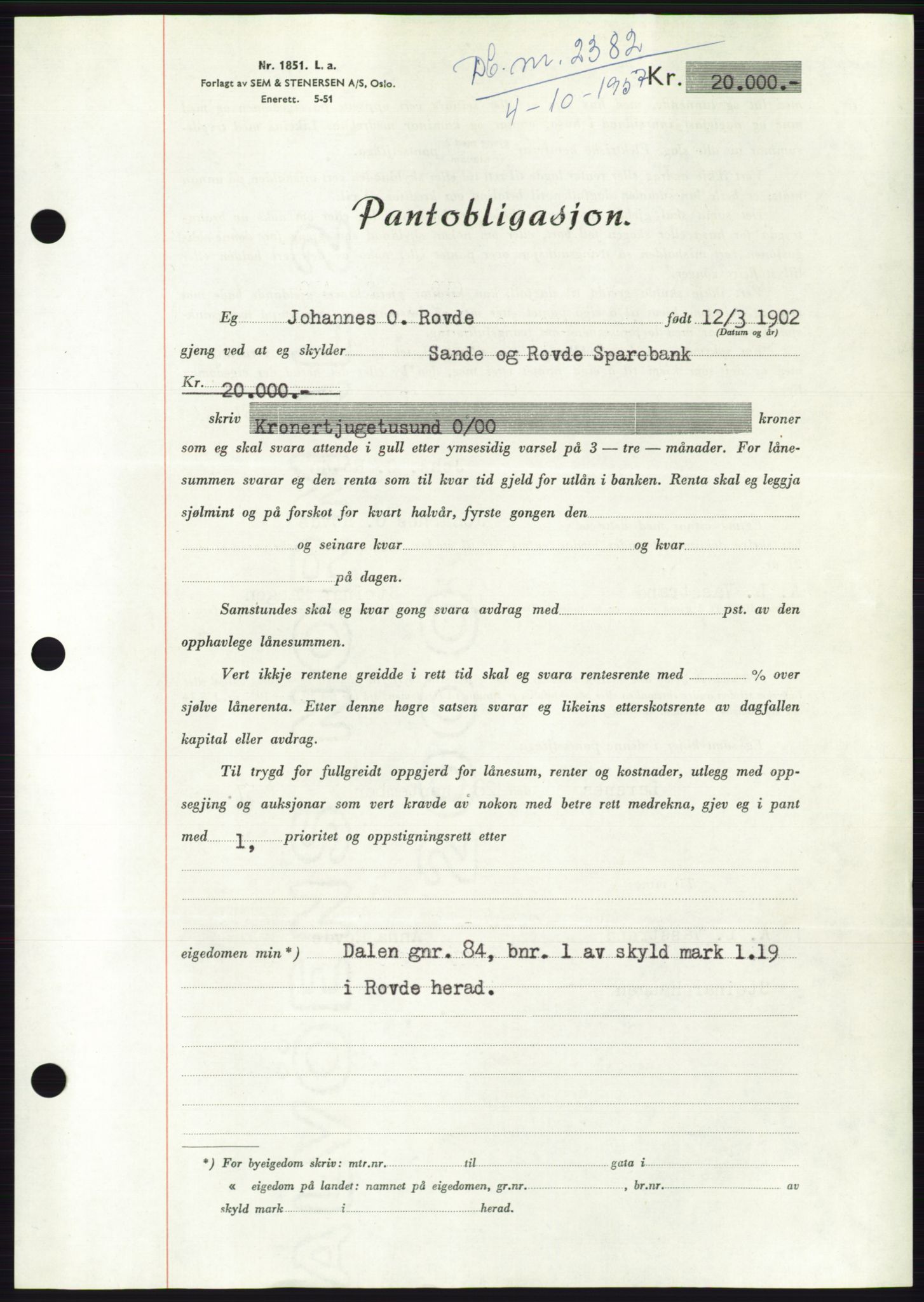 Søre Sunnmøre sorenskriveri, AV/SAT-A-4122/1/2/2C/L0130: Mortgage book no. 18B, 1957-1958, Diary no: : 2382/1957