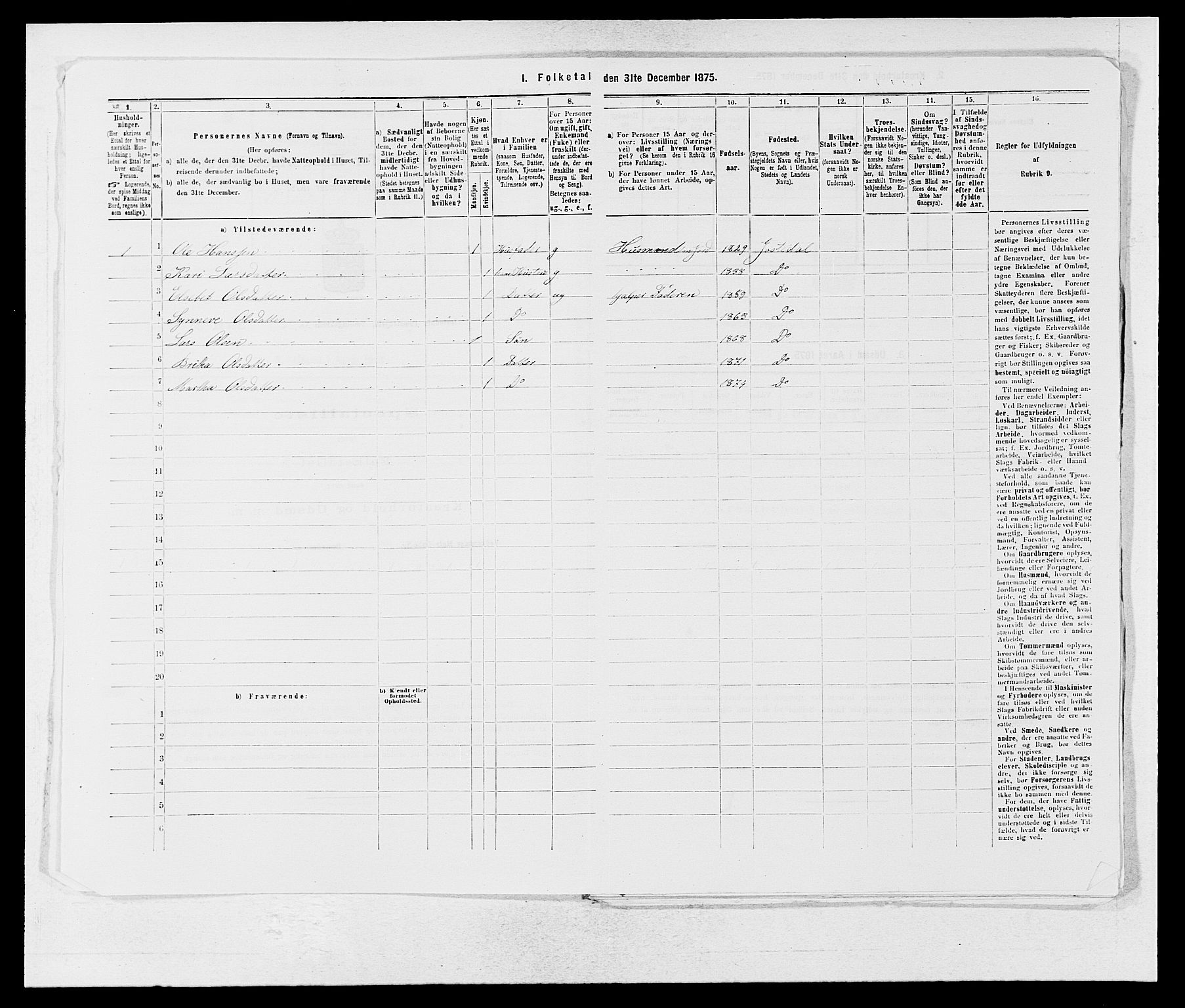 SAB, 1875 census for 1427P Jostedal, 1875, p. 98