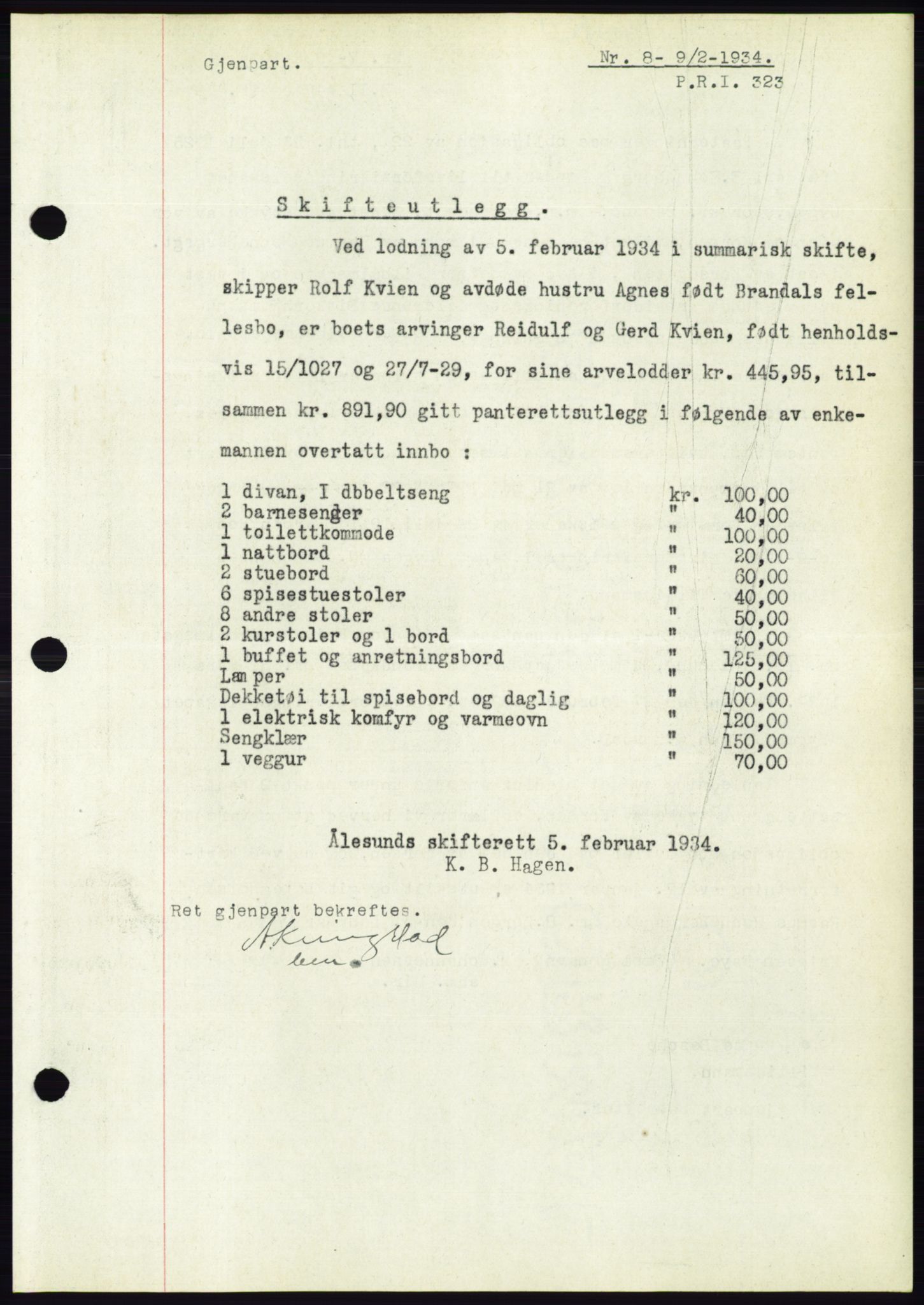 Ålesund byfogd, AV/SAT-A-4384: Mortgage book no. 31, 1933-1934, Deed date: 09.02.1934