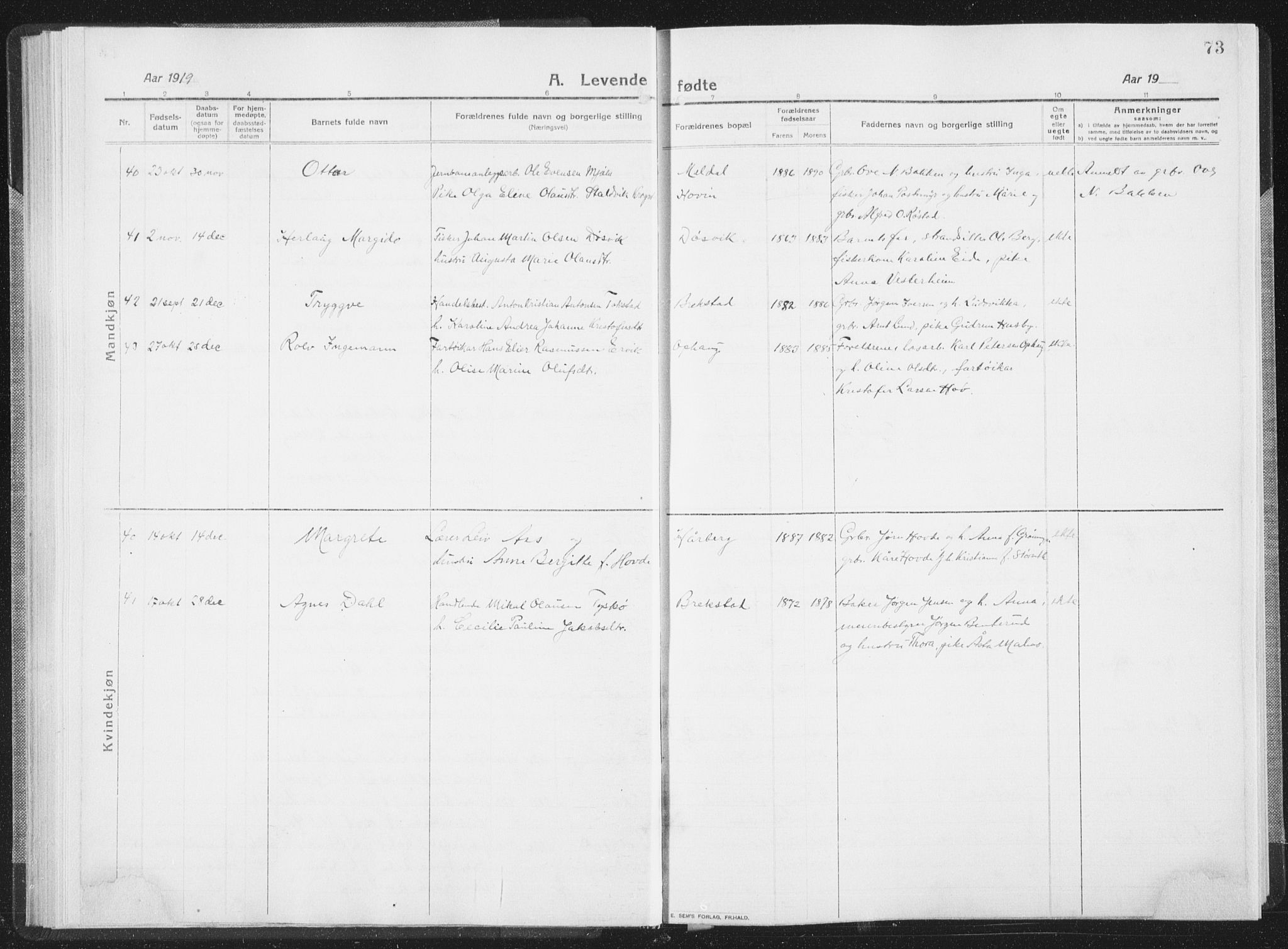 Ministerialprotokoller, klokkerbøker og fødselsregistre - Sør-Trøndelag, SAT/A-1456/659/L0747: Parish register (copy) no. 659C04, 1913-1938, p. 73