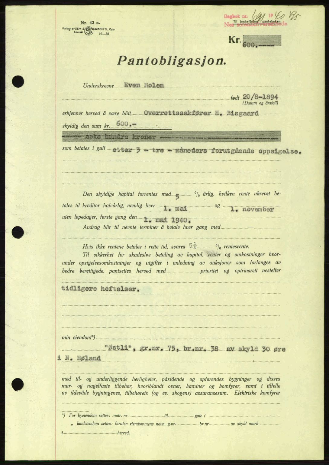 Nes tingrett, SAO/A-10548/G/Gb/Gbb/L0010: Mortgage book no. 54, 1939-1940, Diary no: : 691/1940