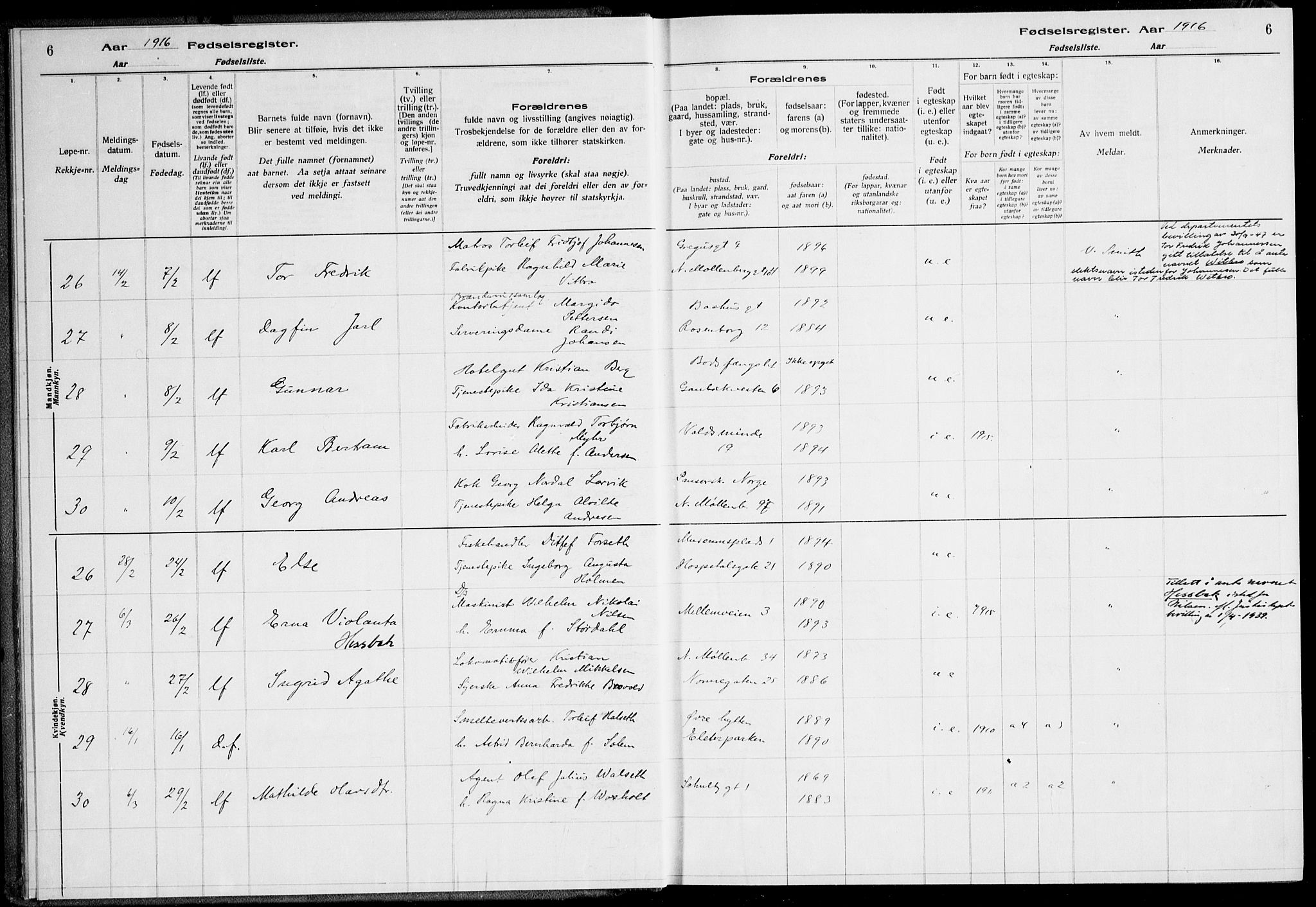 Ministerialprotokoller, klokkerbøker og fødselsregistre - Sør-Trøndelag, AV/SAT-A-1456/600/L0002: Birth register no. 600.II.4.1, 1916-1920, p. 6