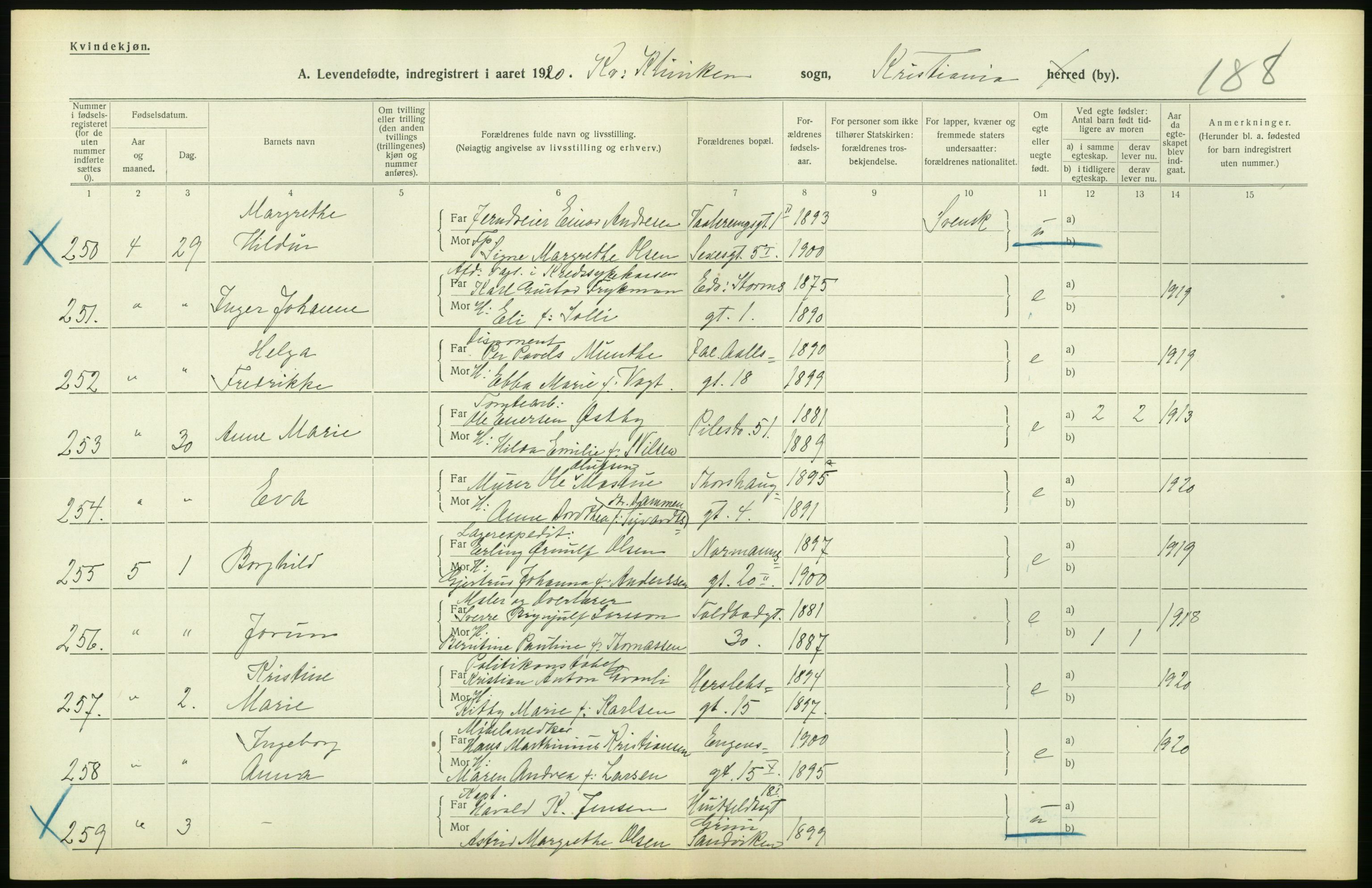 Statistisk sentralbyrå, Sosiodemografiske emner, Befolkning, AV/RA-S-2228/D/Df/Dfb/Dfbj/L0008: Kristiania: Levendefødte menn og kvinner., 1920, p. 580