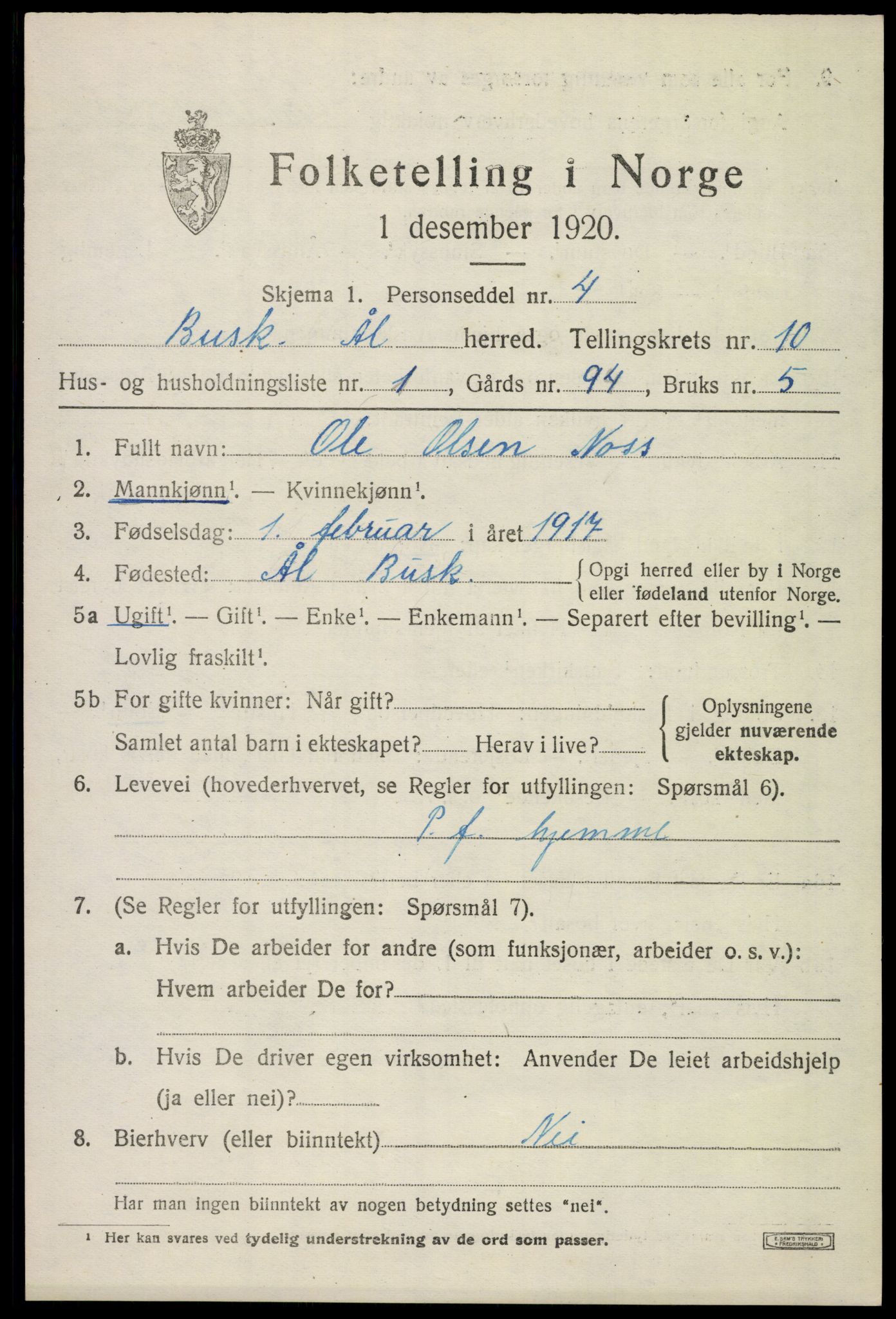 SAKO, 1920 census for Ål, 1920, p. 5952