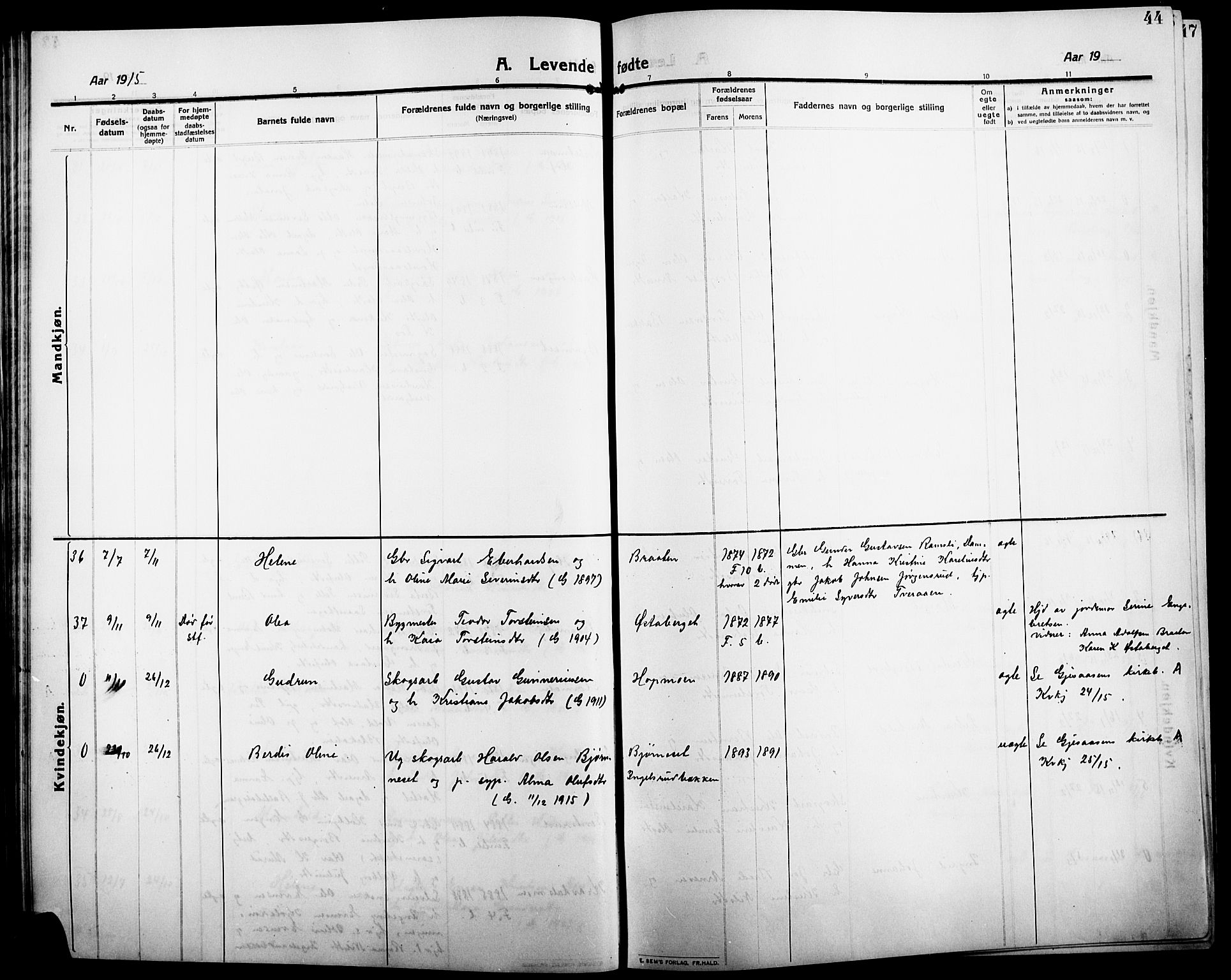 Åsnes prestekontor, SAH/PREST-042/H/Ha/Hab/L0007: Parish register (copy) no. 7, 1909-1926, p. 44
