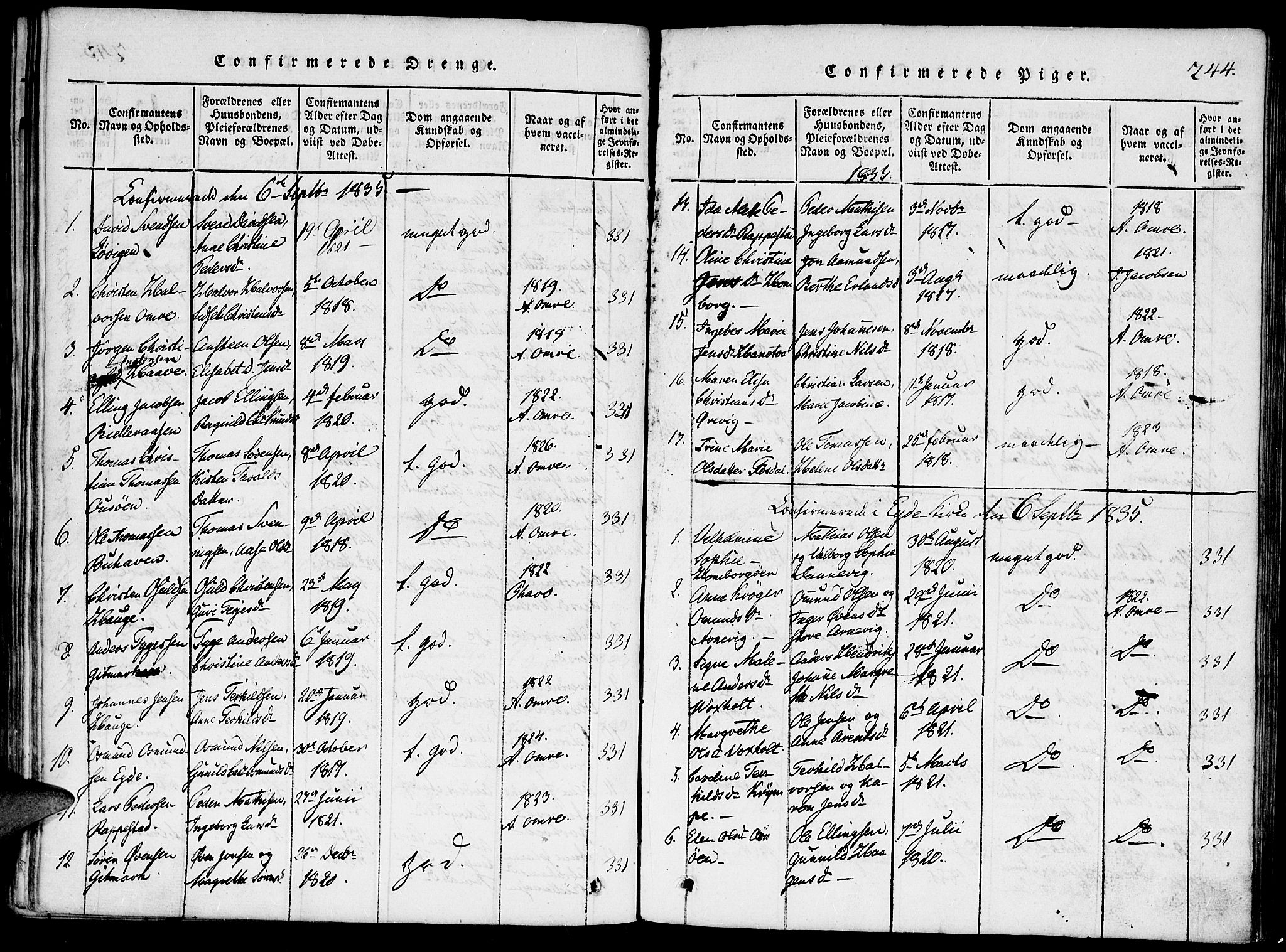 Hommedal sokneprestkontor, AV/SAK-1111-0023/F/Fa/Faa/L0001: Parish register (official) no. A 1, 1816-1860, p. 244