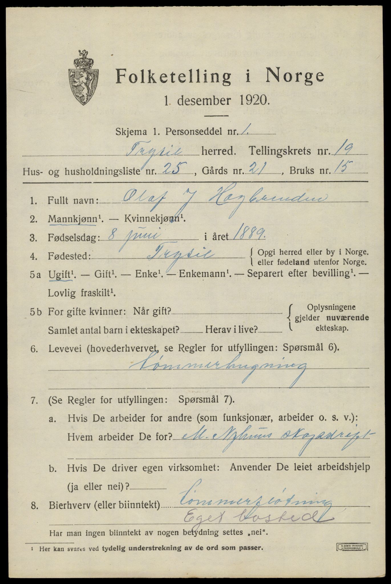 SAH, 1920 census for Trysil, 1920, p. 13015
