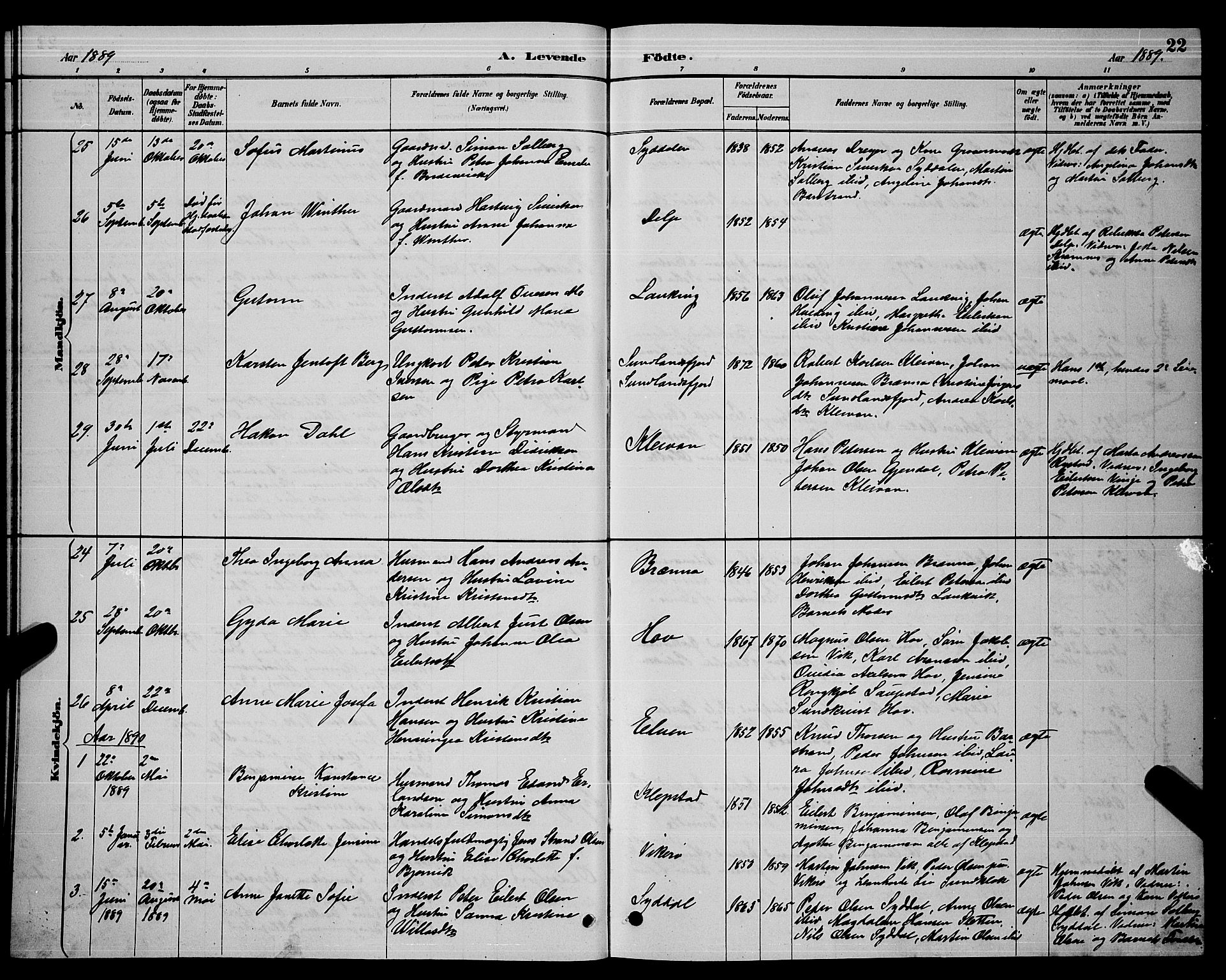 Ministerialprotokoller, klokkerbøker og fødselsregistre - Nordland, AV/SAT-A-1459/876/L1104: Parish register (copy) no. 876C03, 1886-1896, p. 22