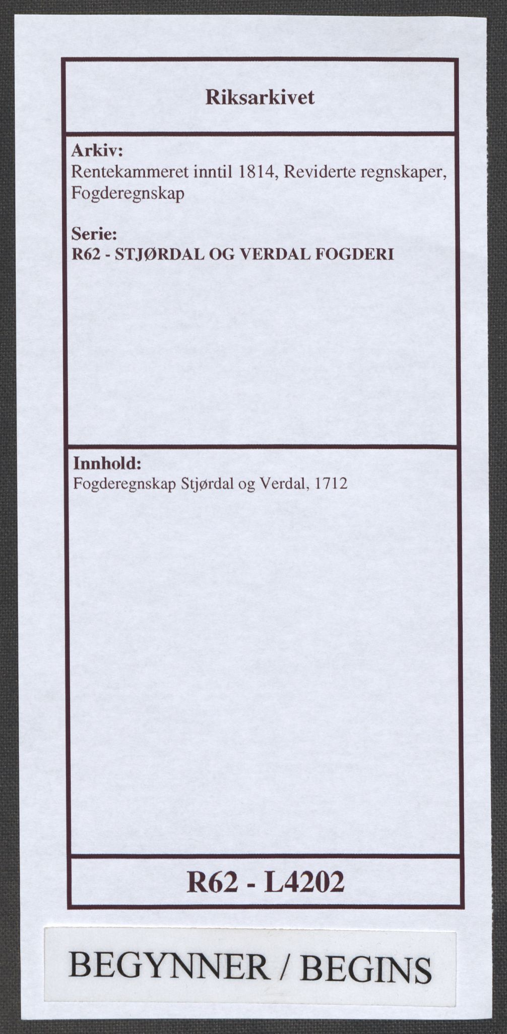 Rentekammeret inntil 1814, Reviderte regnskaper, Fogderegnskap, AV/RA-EA-4092/R62/L4202: Fogderegnskap Stjørdal og Verdal, 1712, p. 1