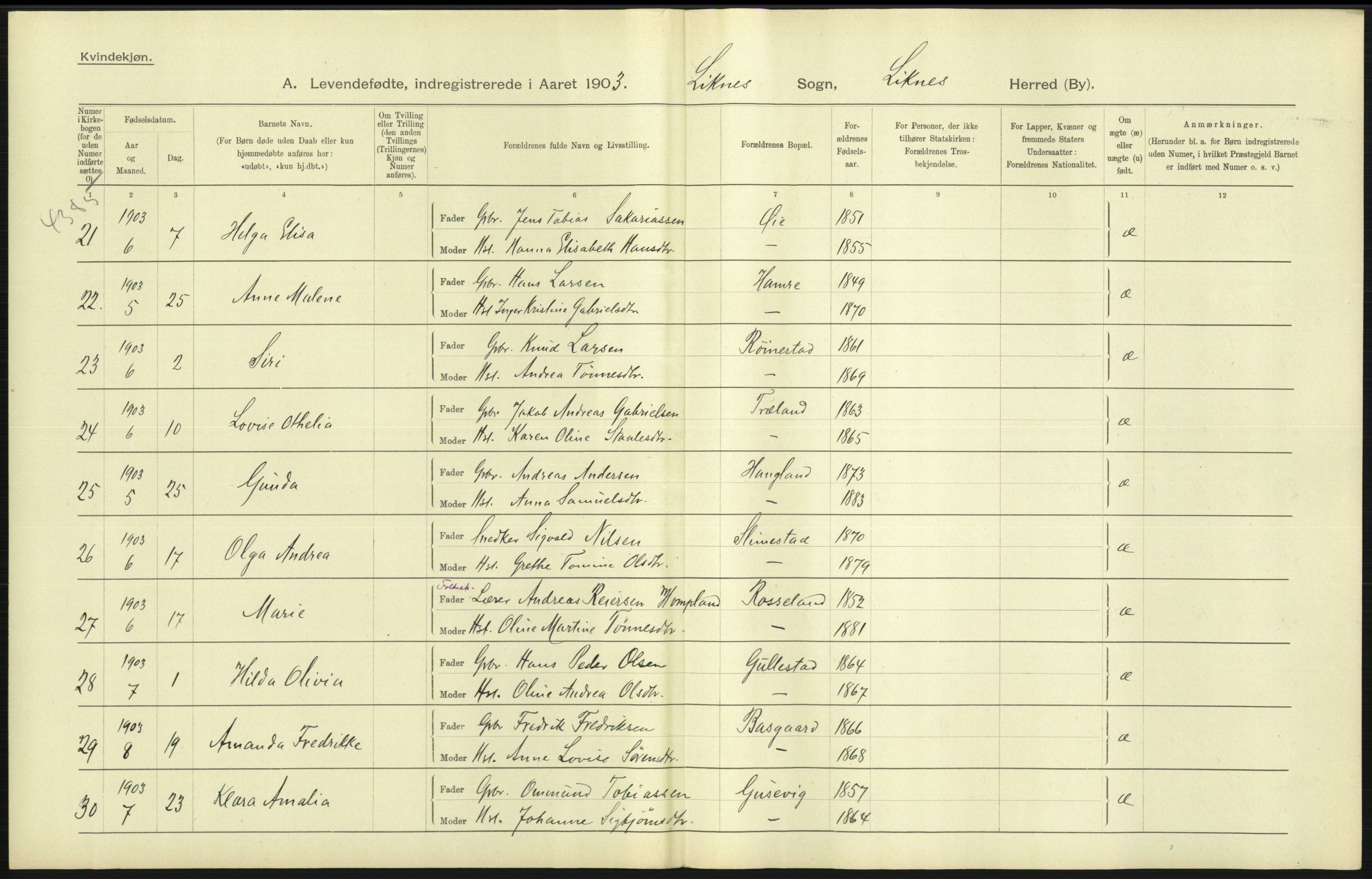 Statistisk sentralbyrå, Sosiodemografiske emner, Befolkning, AV/RA-S-2228/D/Df/Dfa/Dfaa/L0011: Lister og Mandal amt: Fødte, gifte, døde, 1903, p. 41