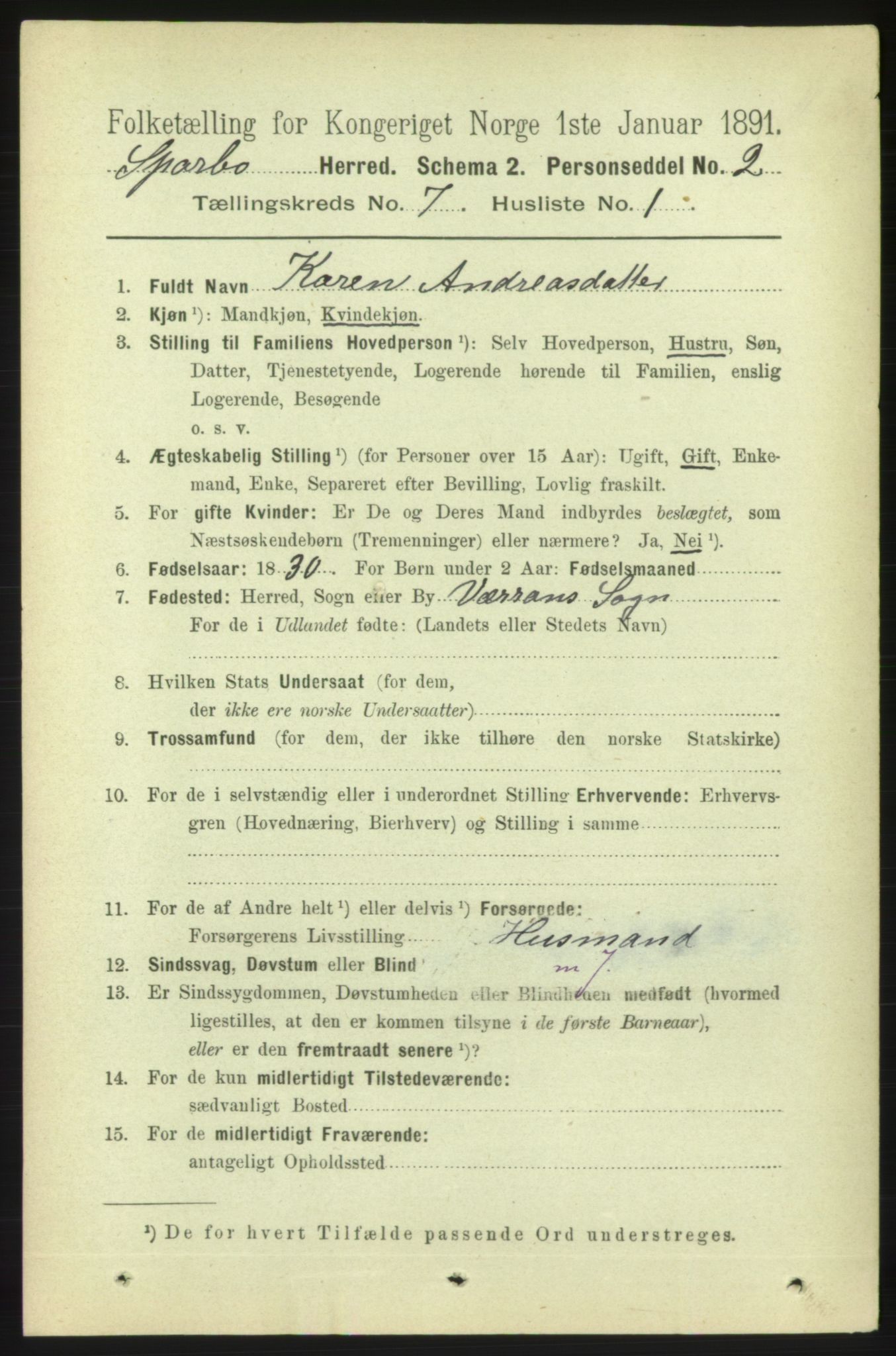 RA, 1891 census for 1731 Sparbu, 1891, p. 2406