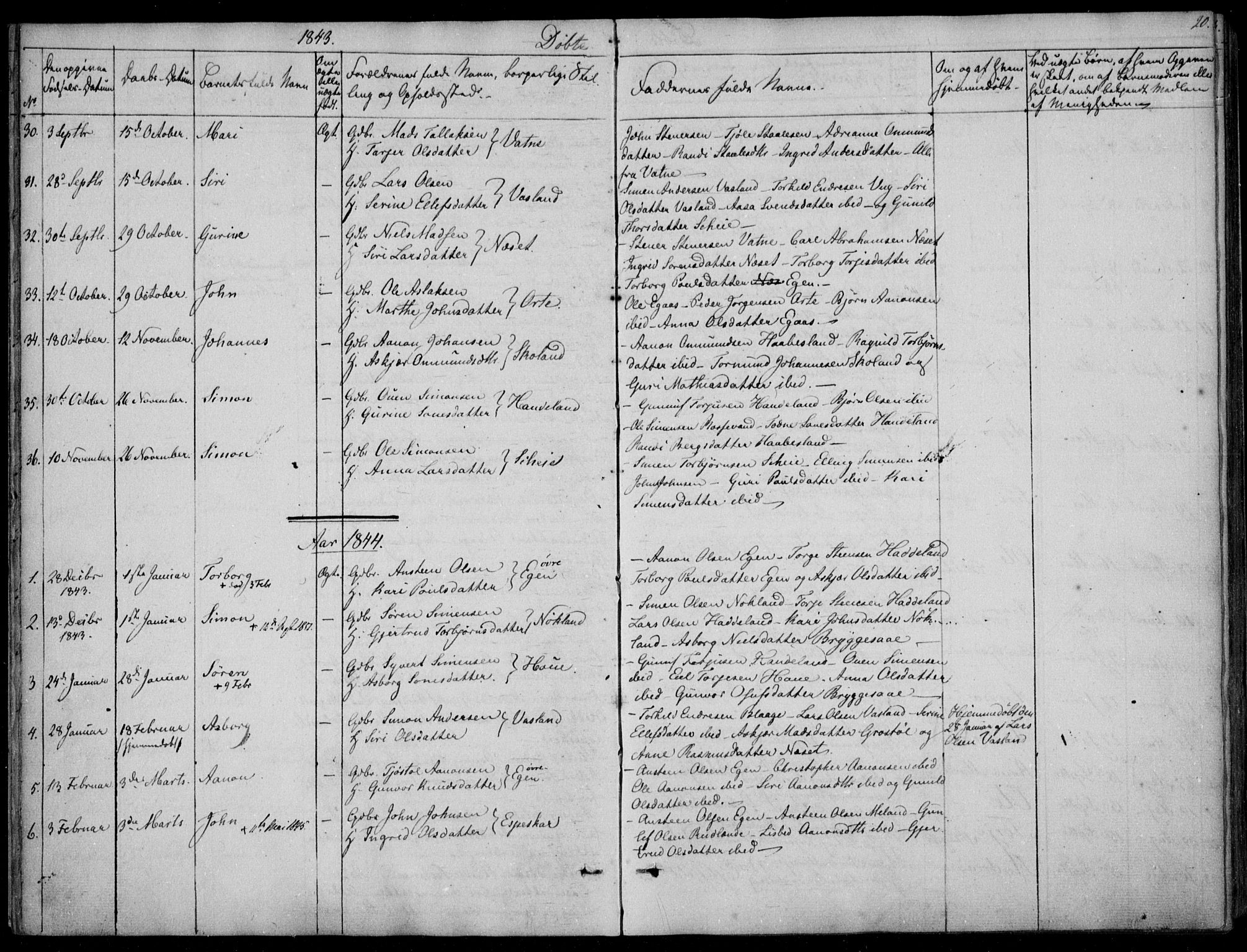 Hægebostad sokneprestkontor, AV/SAK-1111-0024/F/Fa/Fab/L0002: Parish register (official) no. A 2, 1836-1872, p. 20